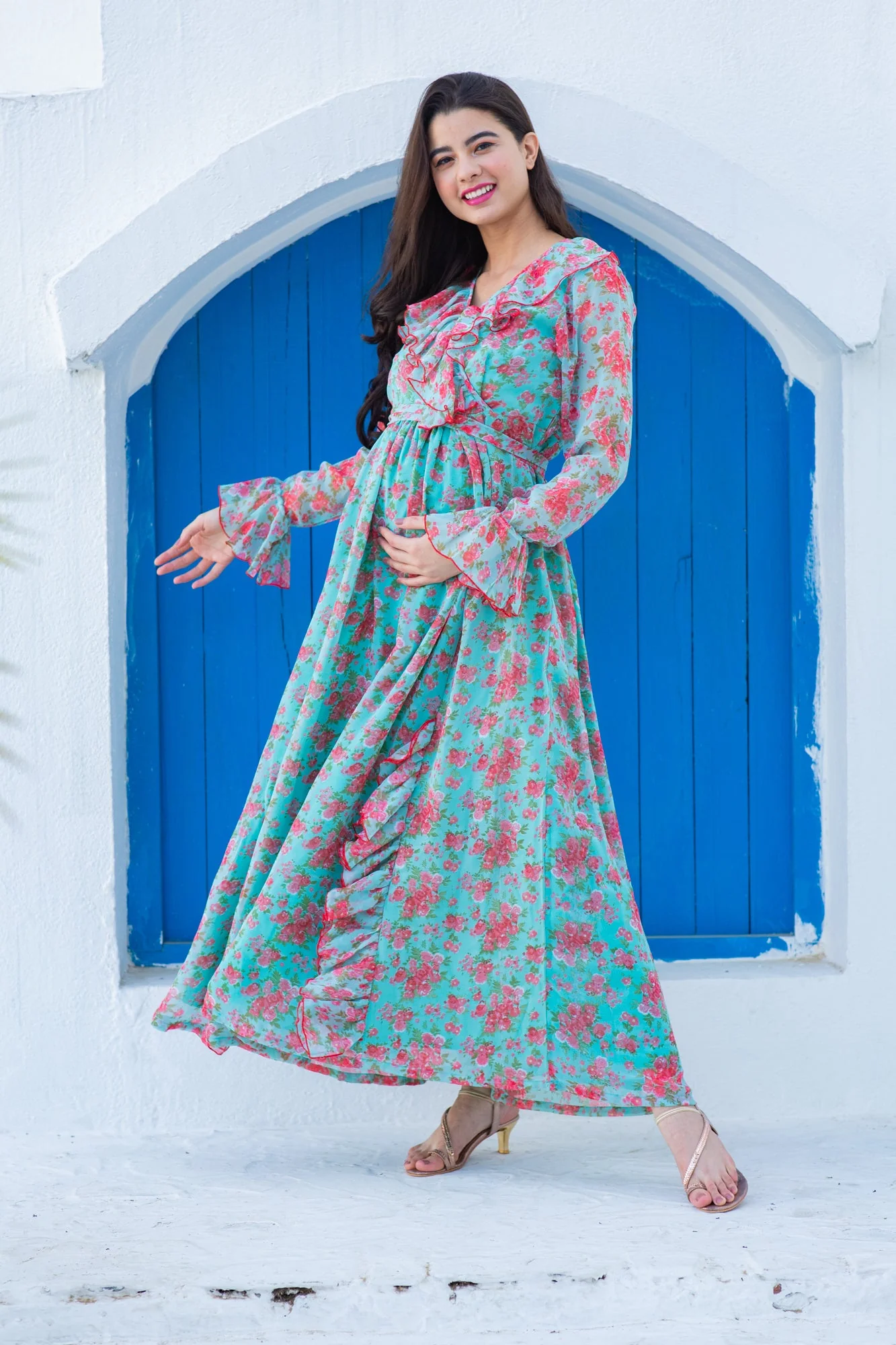 Pretty Aqua Pink Fresh Blossom Maternity Frill Dress - Chenance