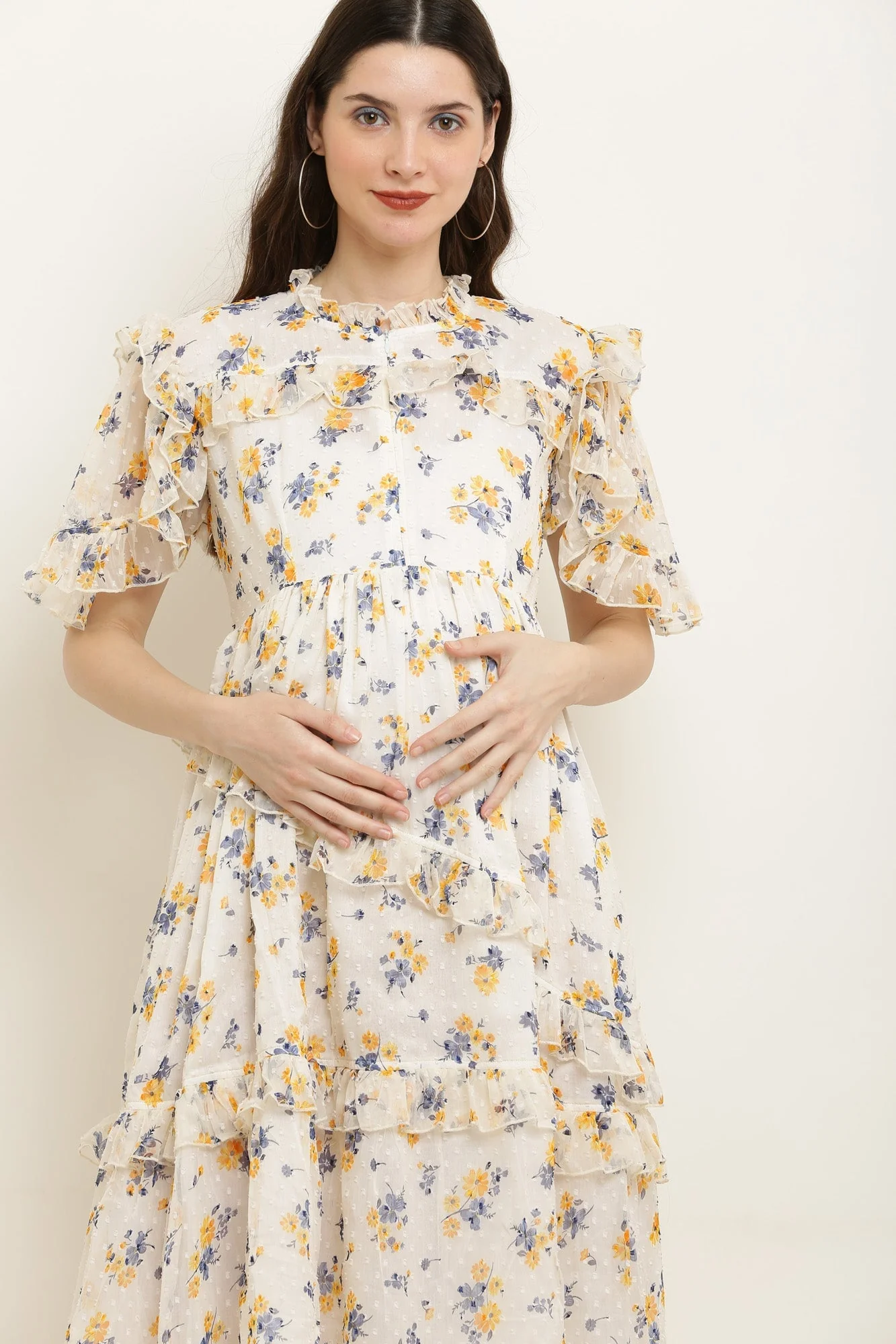 Soothing Ivory Yellow Floral Maternity & Nursing Frill Dress - Chenance
