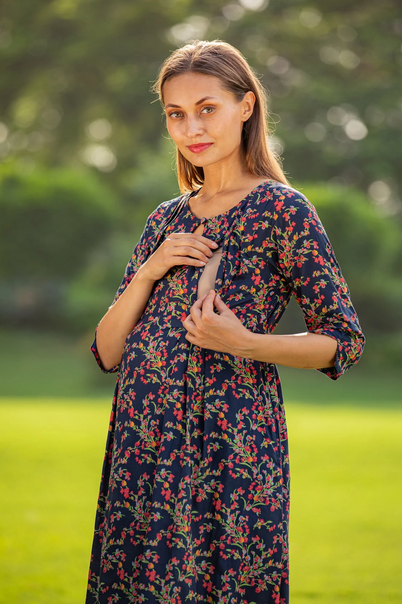 Midnight Bloom Side Slit Maternity & Nursing Dress - Chenance