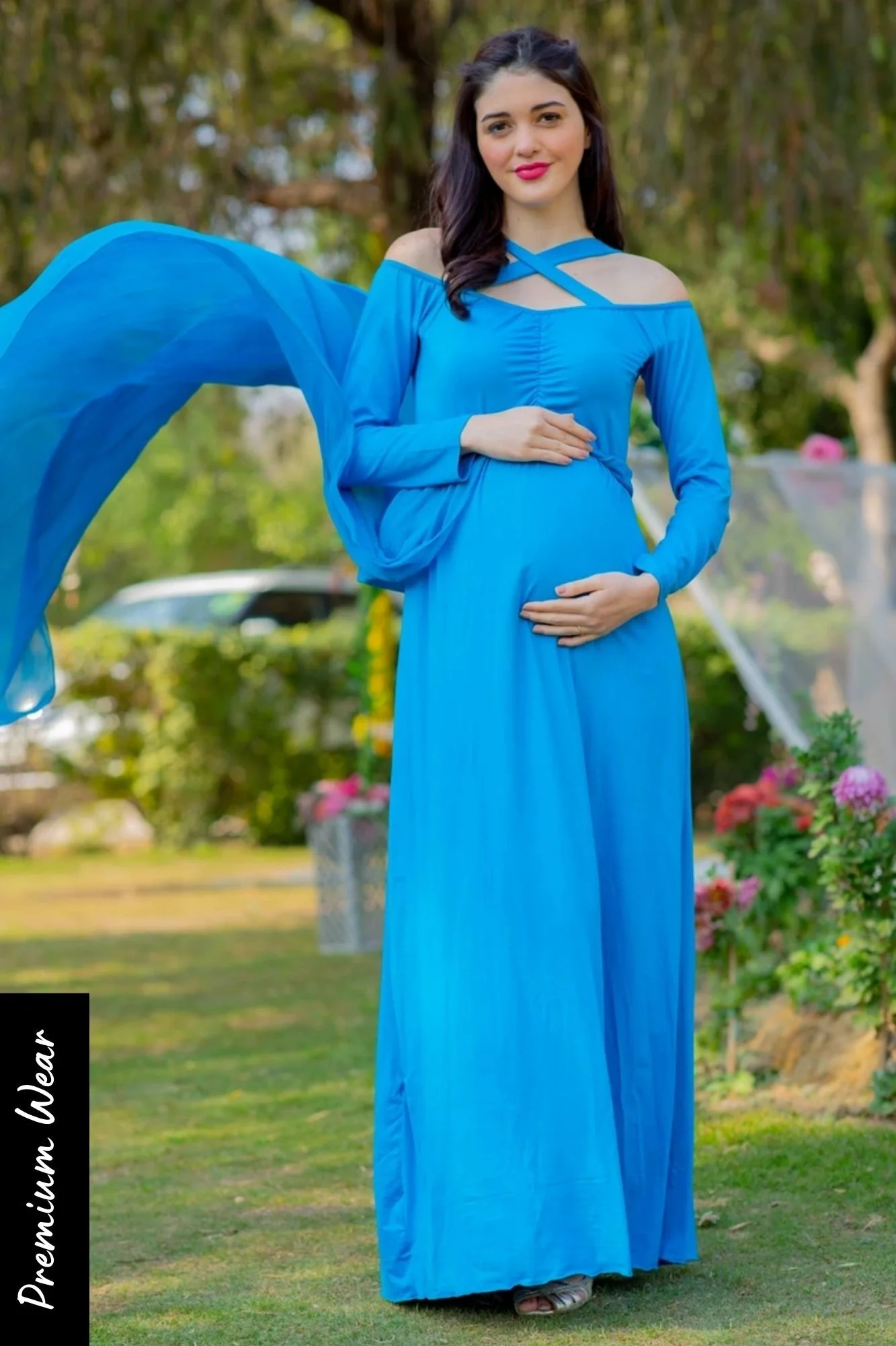Aqua Blue Trail Maternity Photoshoot Gown - Chenance