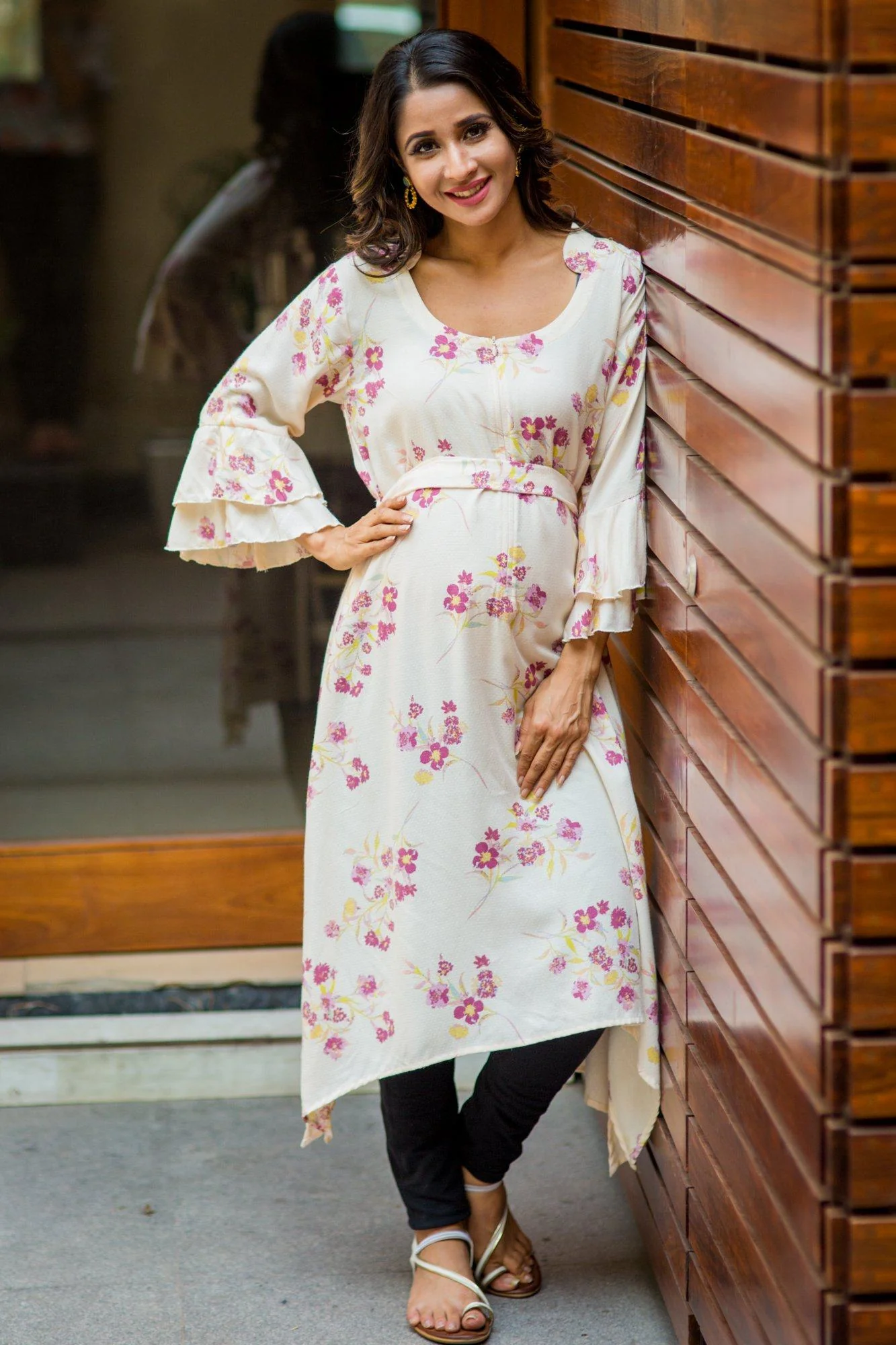 Serene White Floral Maternity & Nursing Kurta - Chenance