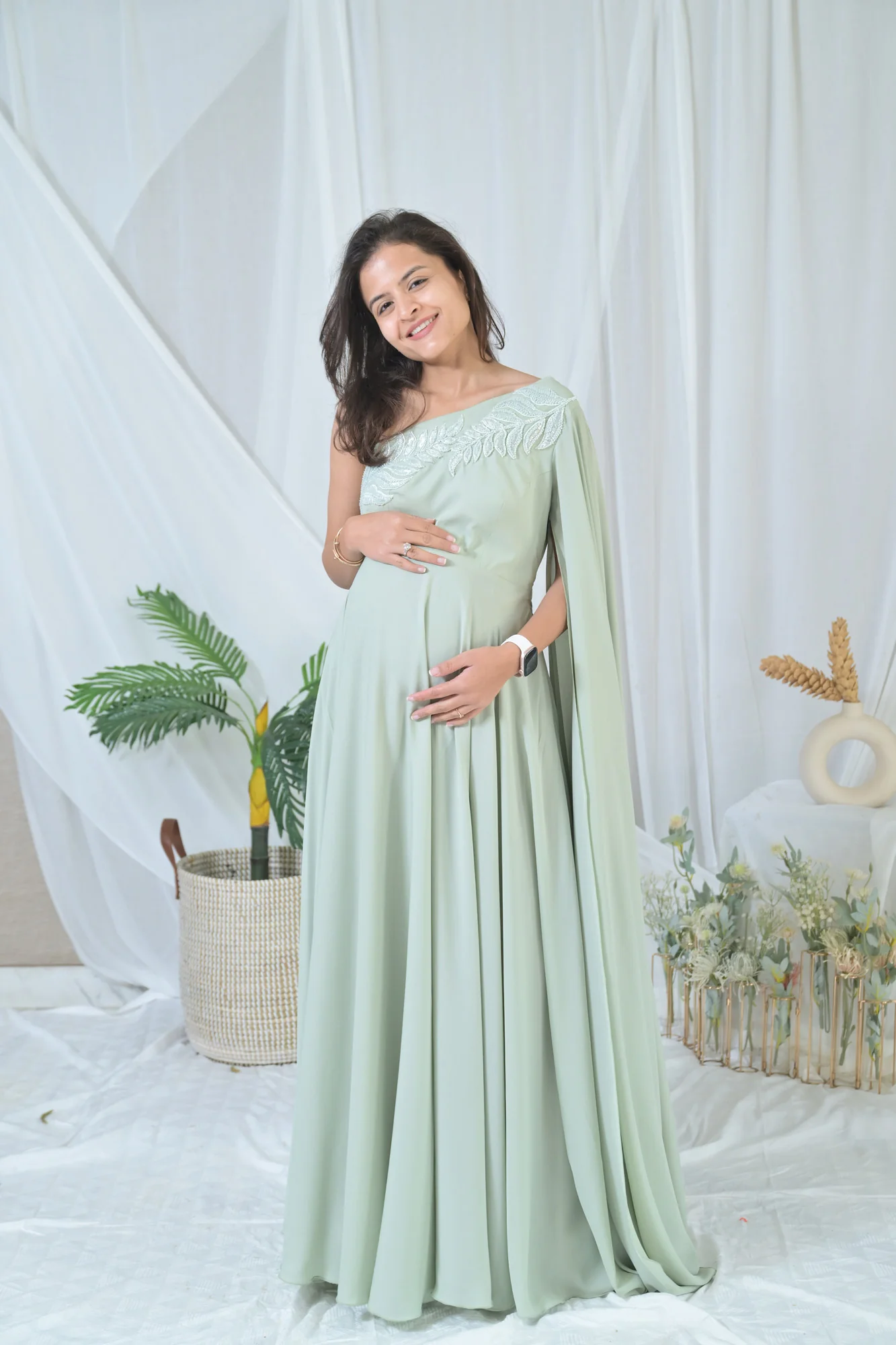 Luxe Sage Green Embroidered Maternity Satin Gown - Chenance