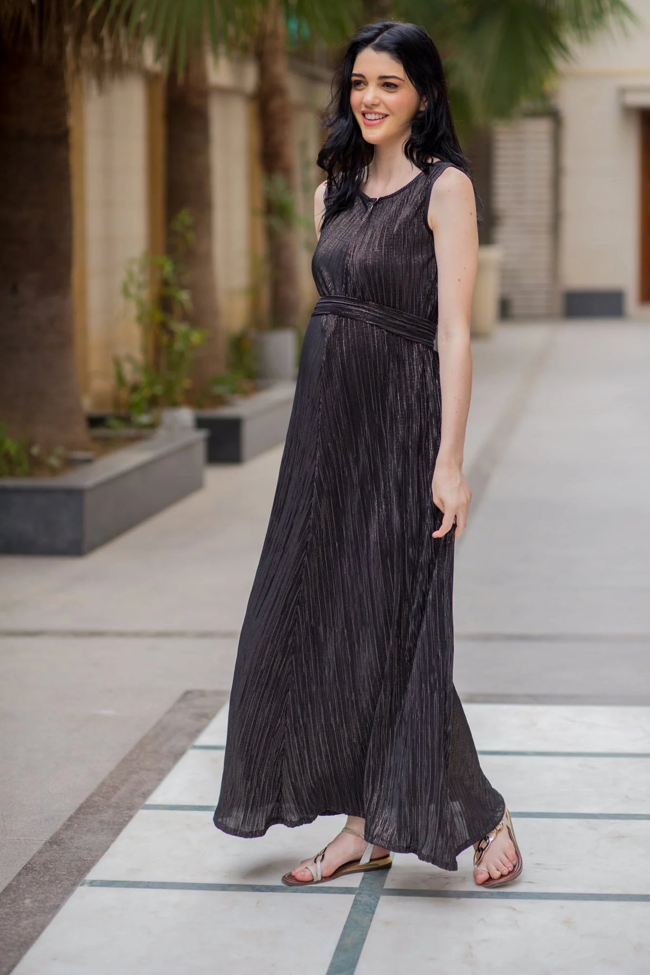 Exclusive Black Gold Pleated Maternity & Nursing Dress - Chenance