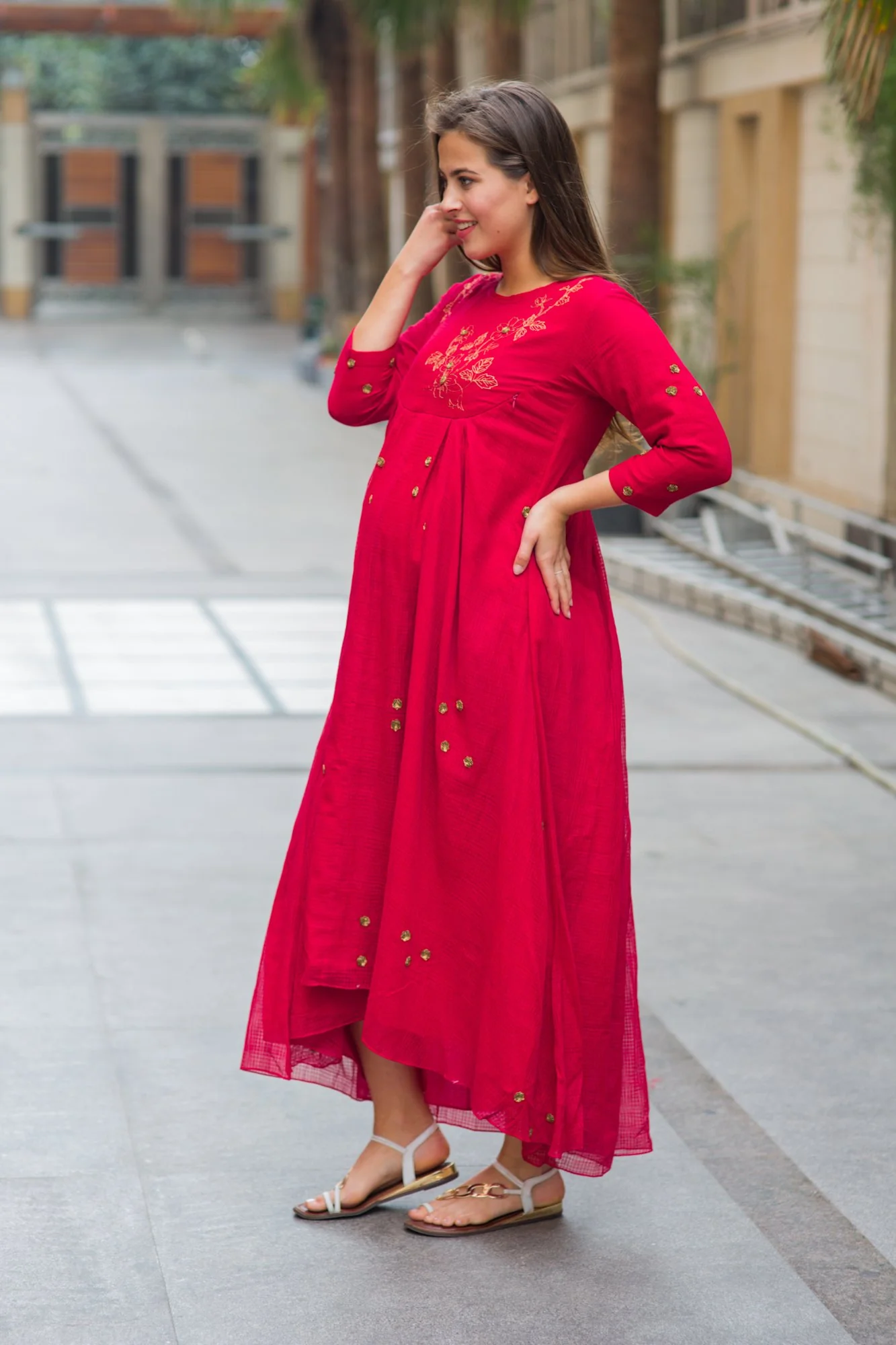 Premium Red Handloom Maternity & Nursing Dress - Chenance