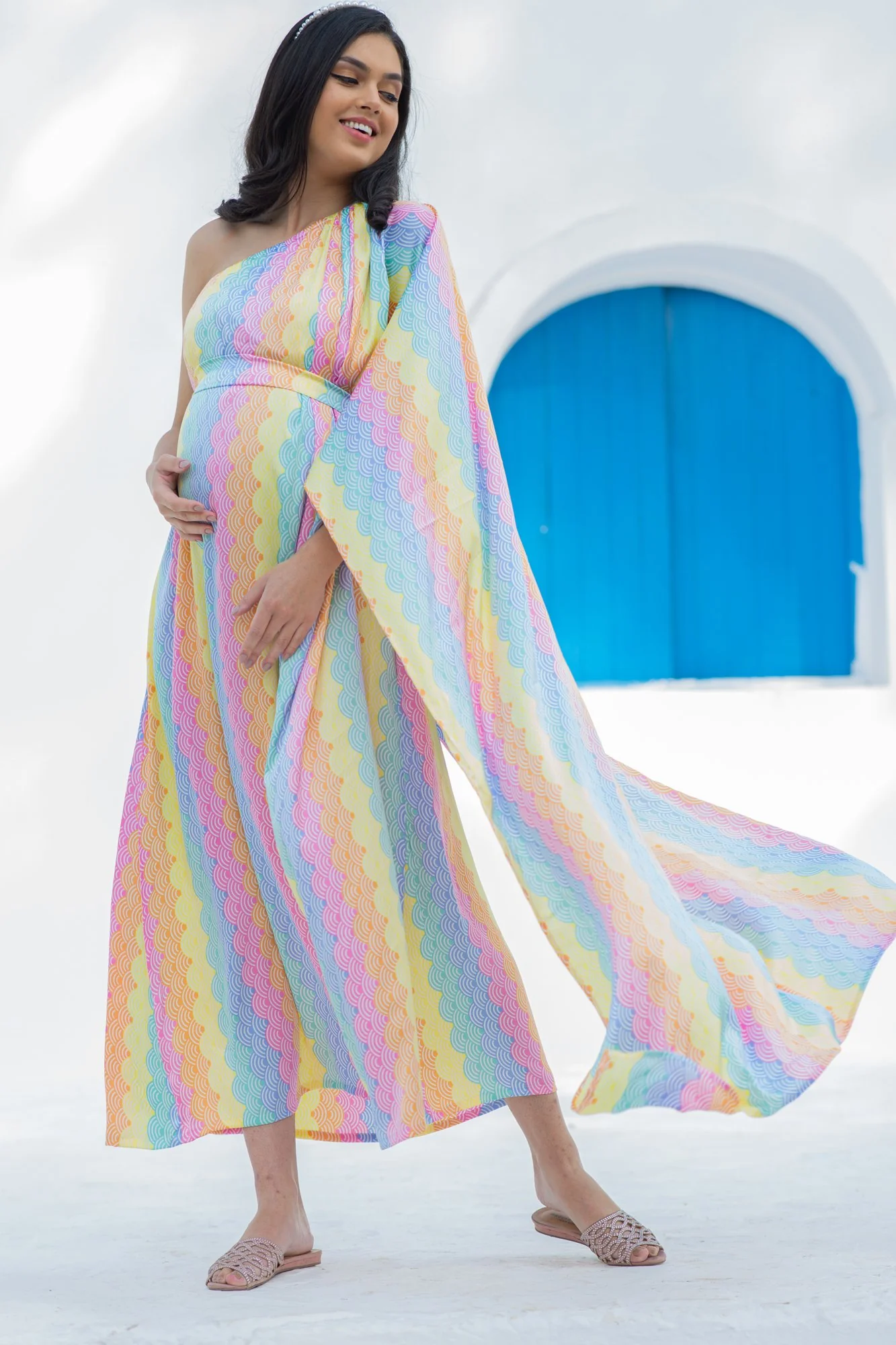 Luxe Rainbow One Shoulder Floral Maternity & Nursing Satin Dress - Chenance