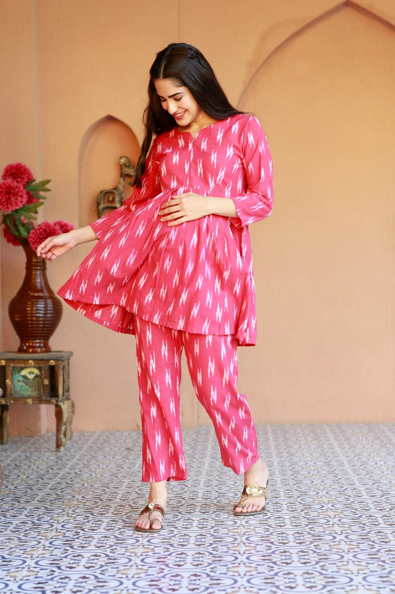 Homey Fuchsia Ikat Maternity & Nursing Lounge Coord Set (2Pc) (100% Cotton) - Chenance