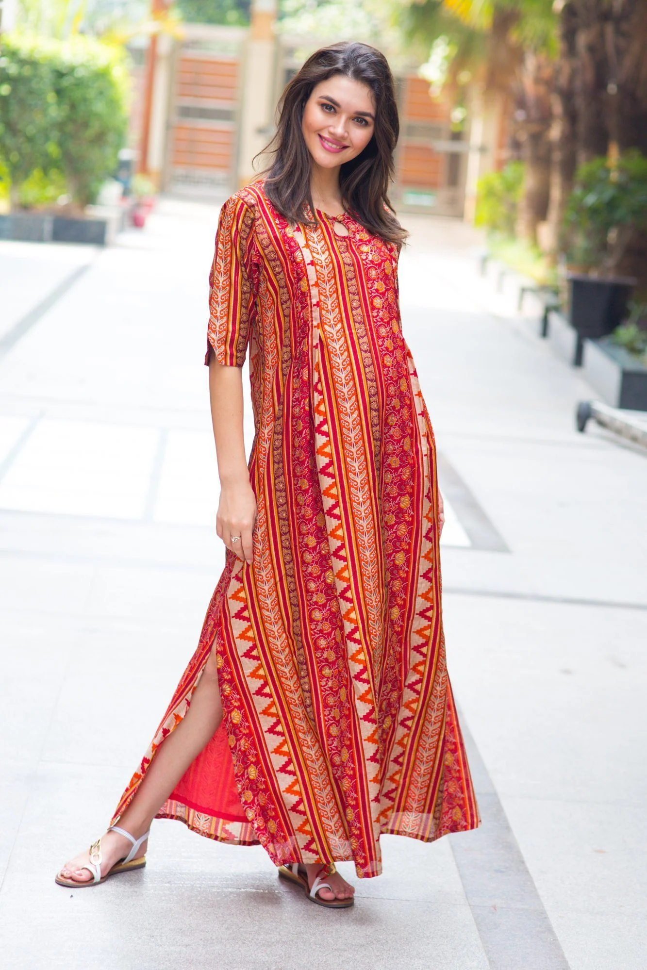 Classical Orange Side Slit Maternity & Feeding Dress - Chenance