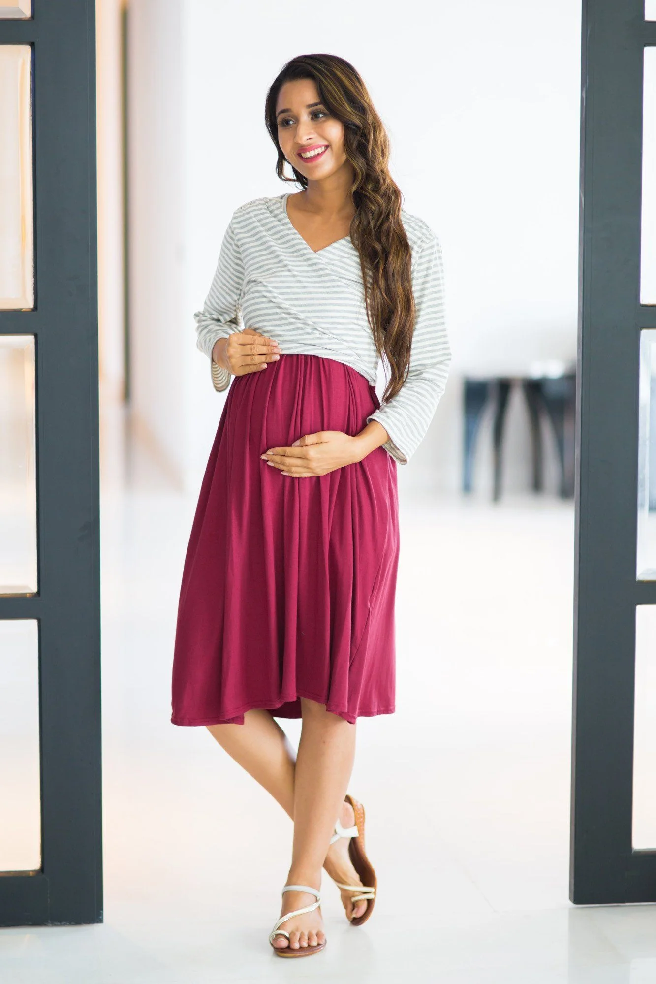 Grey Striped & Wine Wrap Tie Maternity & Nursing Dress - Chenance
