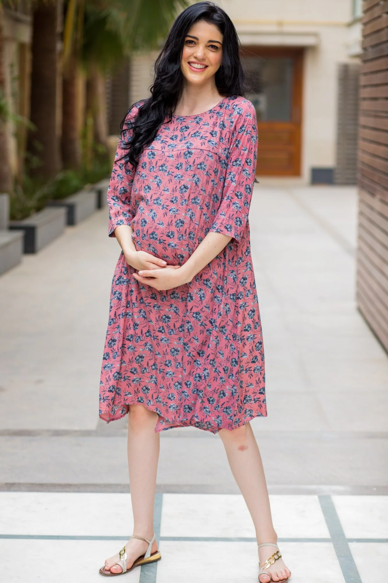 Peachy Floral Maternity & Nursing Horizontal Zip Dress - Chenance