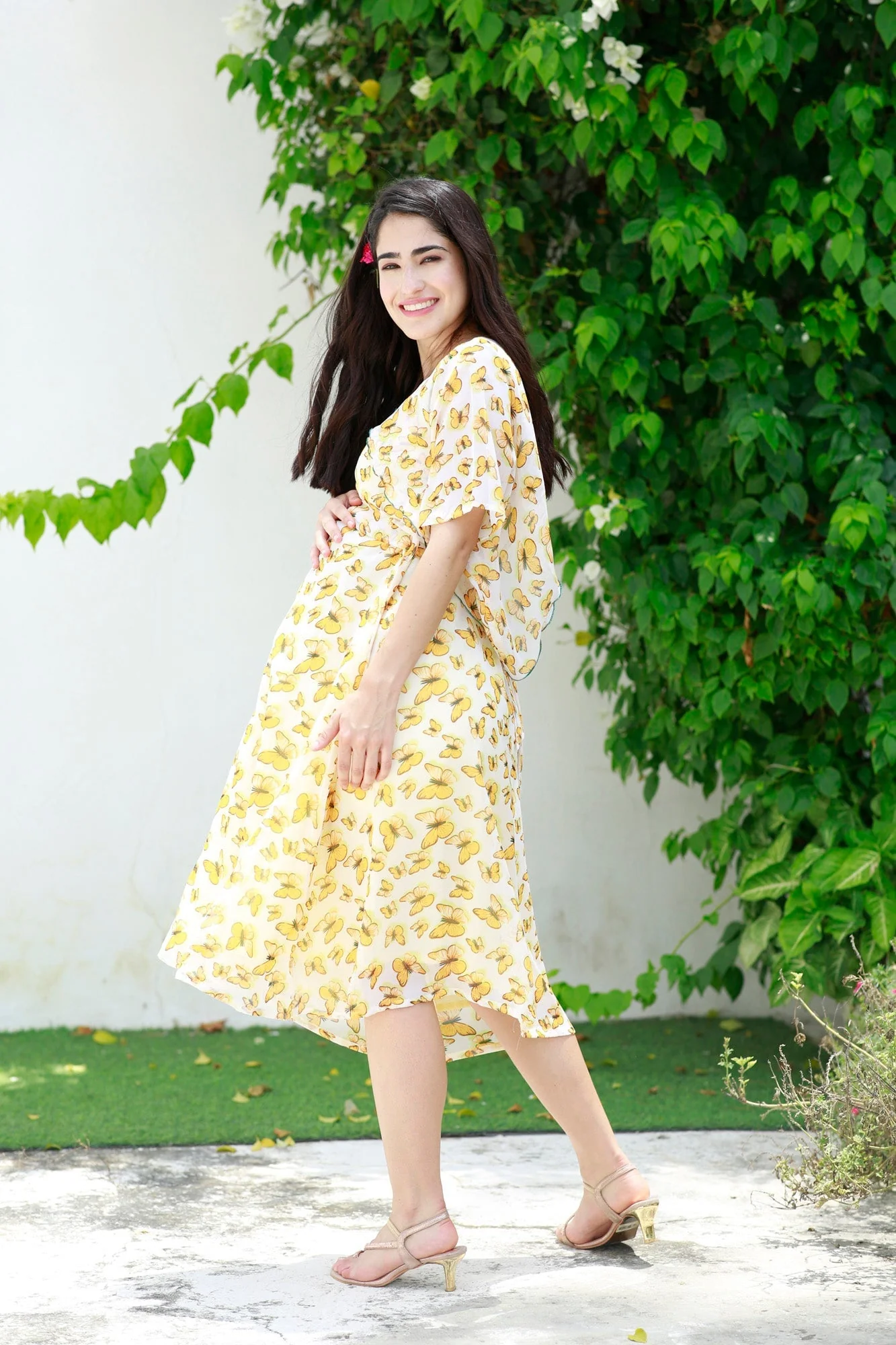 Pretty Mustard Butterflying Maternity & Nursing Chiffon Dress - Chenance