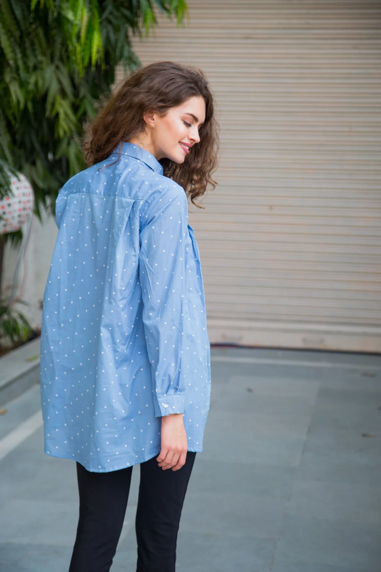 Sky Blue Polka Cotton Gathered  Maternity & Nursing Top - Chenance