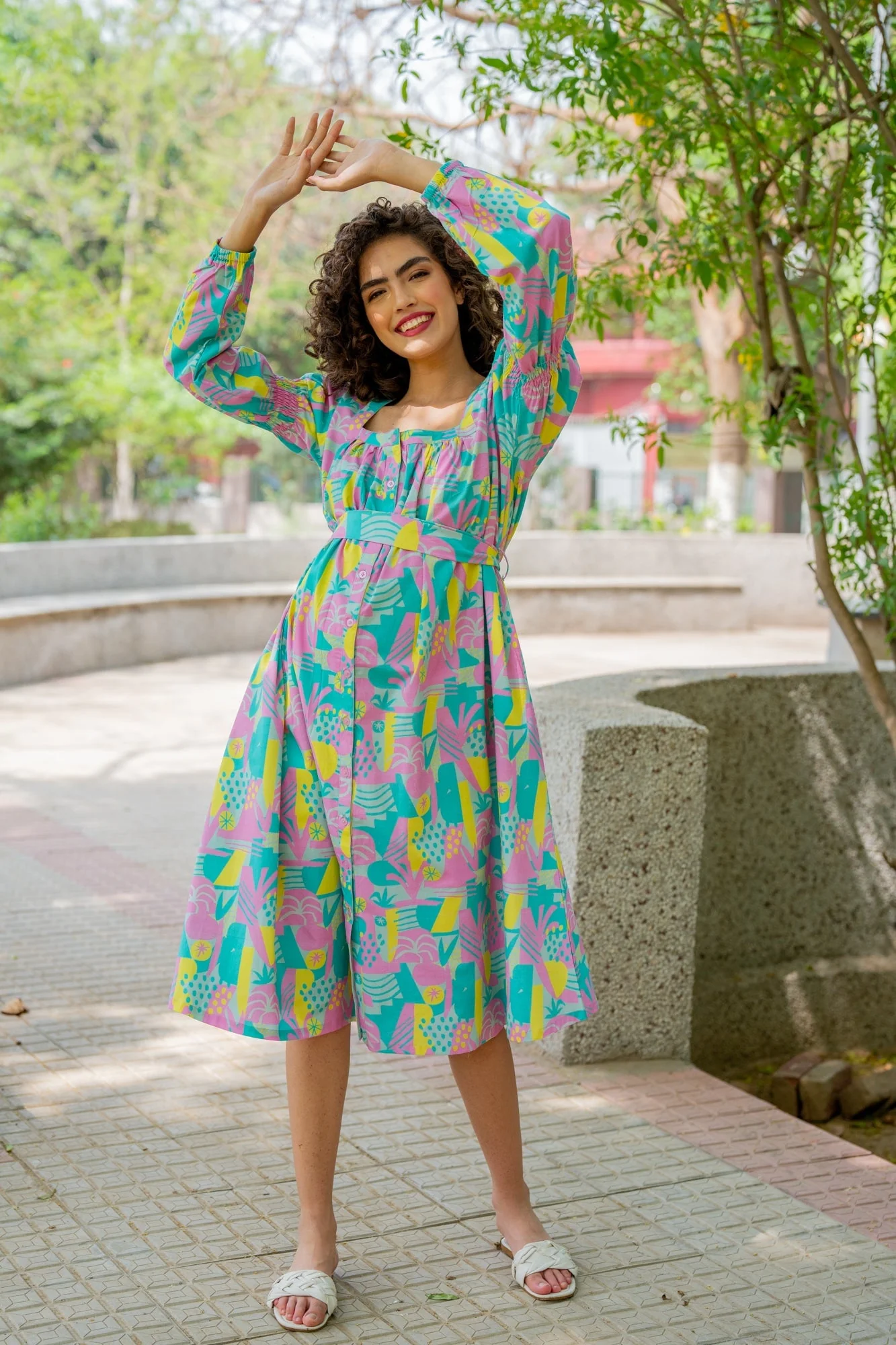 Dusty Blue Yellow Abstract Maternity & Nursing Dress (100% Cotton) - Chenance