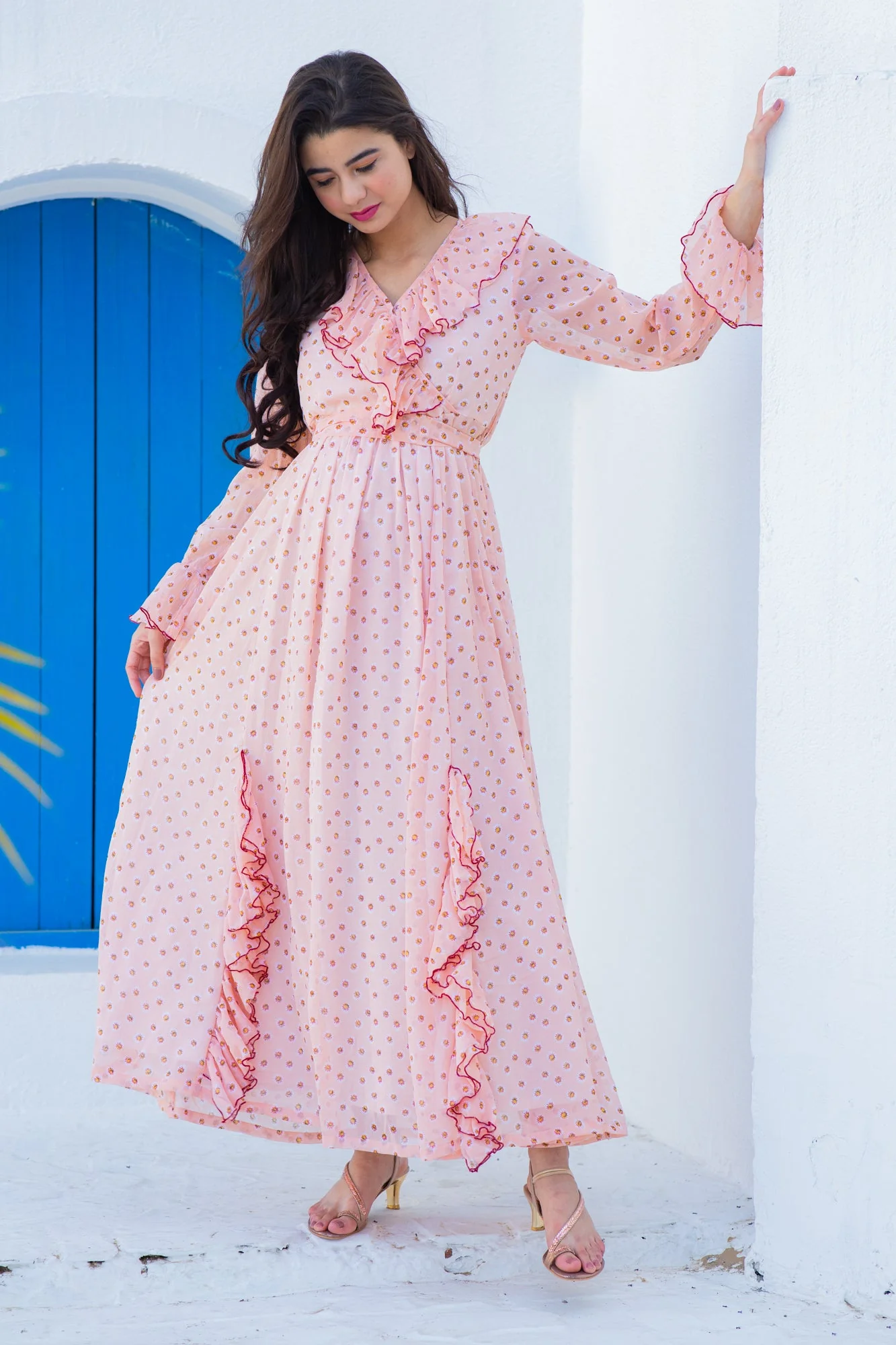 Miami Peach Dotted Maternity Frill Dress - Chenance