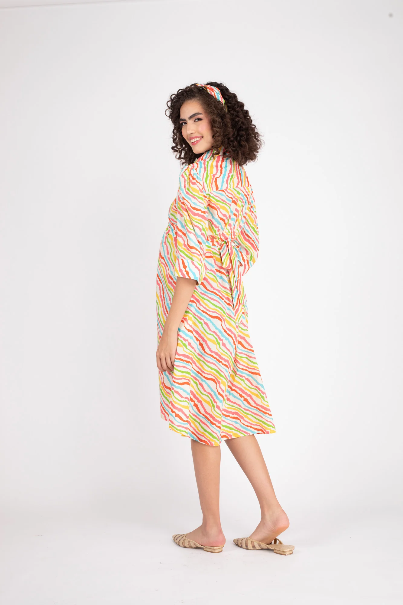 Rainbow Striped Maternity & Nursing Knee Shirt Dress (100% Cotton) - Chenance