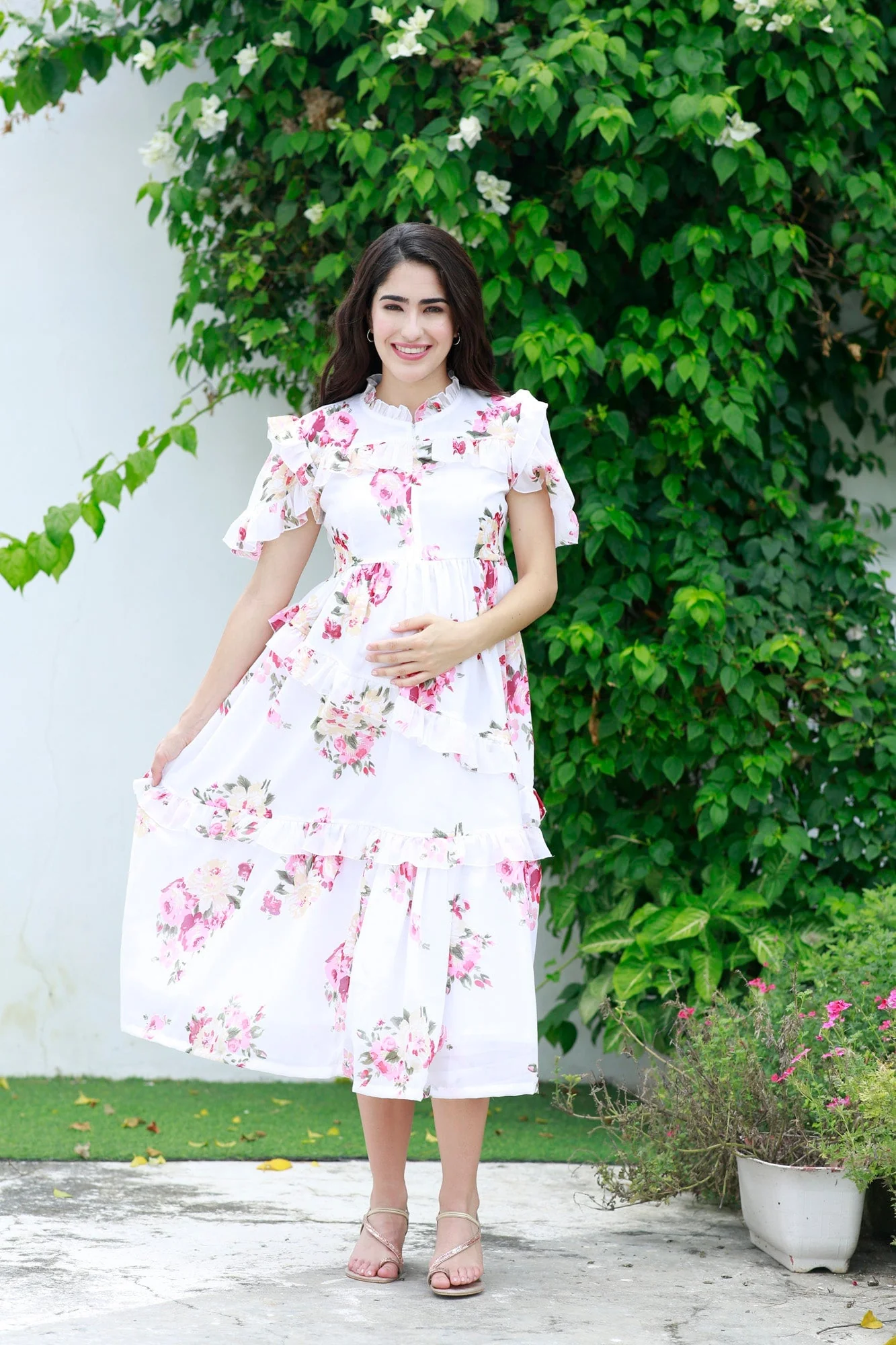 Soothing White Floral Maternity & Nursing Frill Dress - Chenance