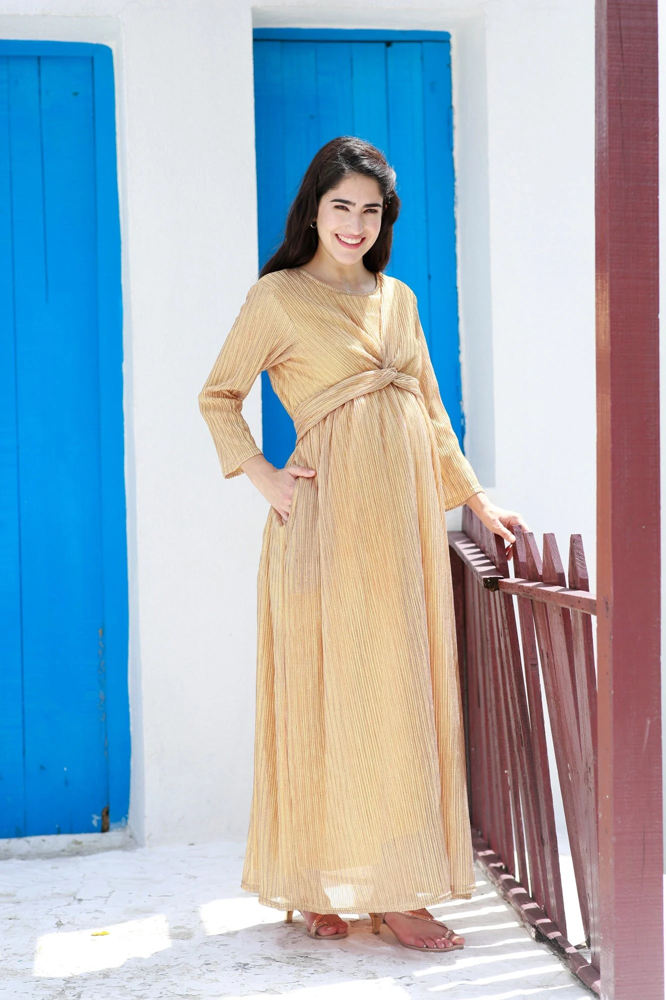 Luxe Golden Shimmery Maternity Knot Dress - Chenance