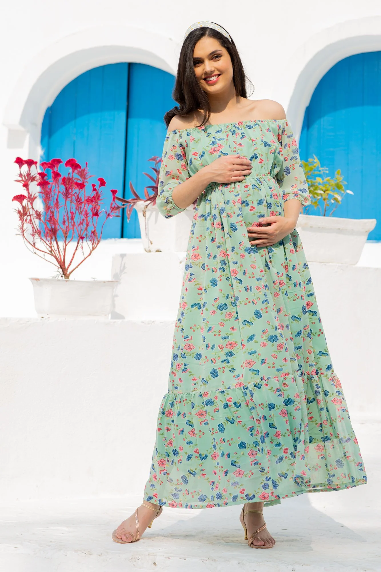 Mint Green Floral Dual Off-Shoulder Boat Neck Maternity & Nursing Maxi Dress - Chenance