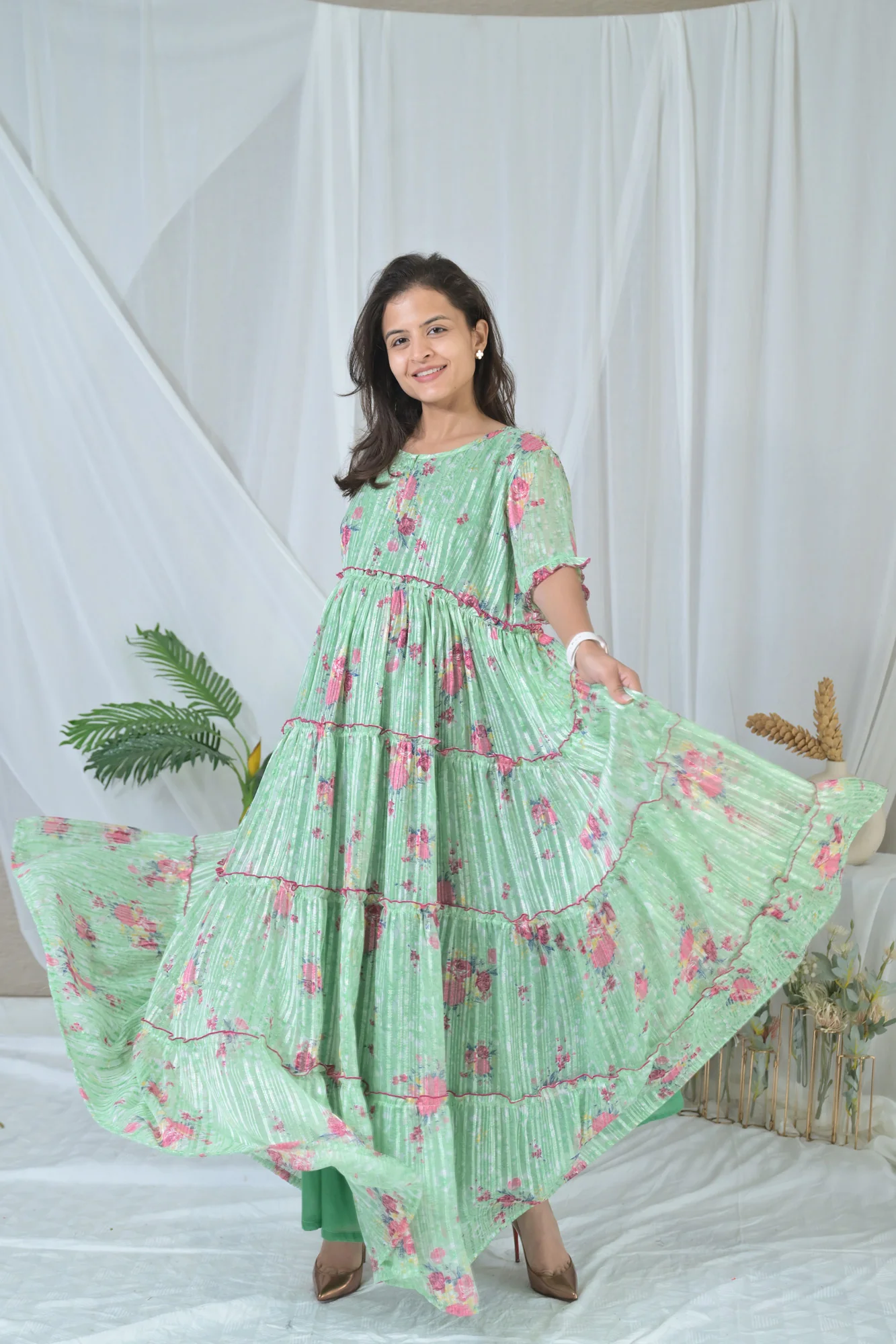 Graceful Mint Green Frill Maternity & Nursing Dress - Chenance