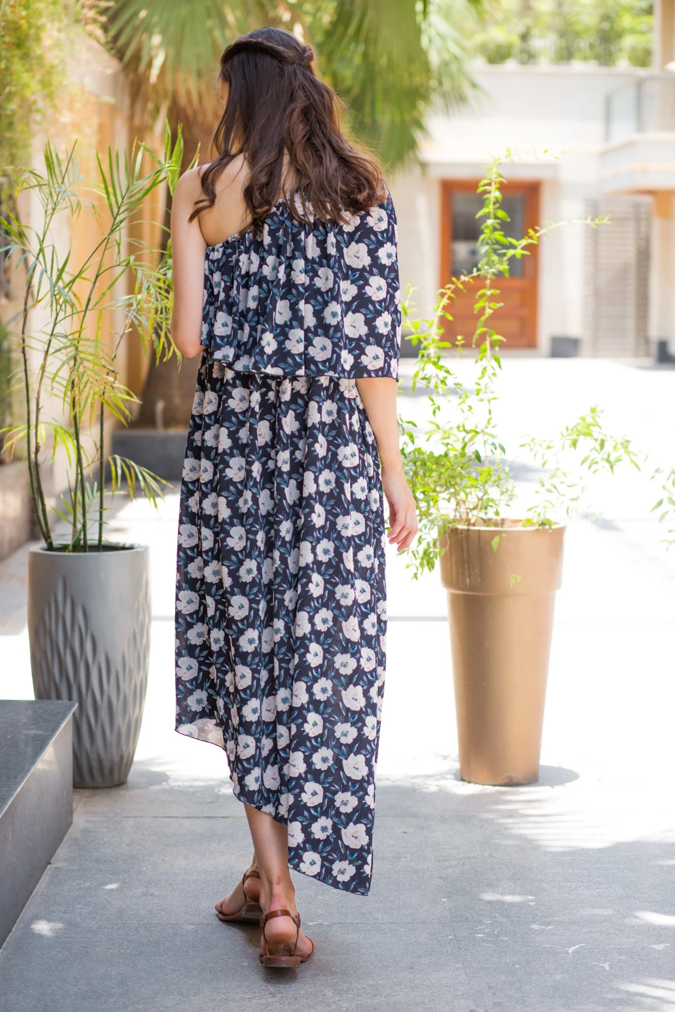 Ebony Floral Side Shoulder Hi Low Maternity Maxi Dress - Chenance