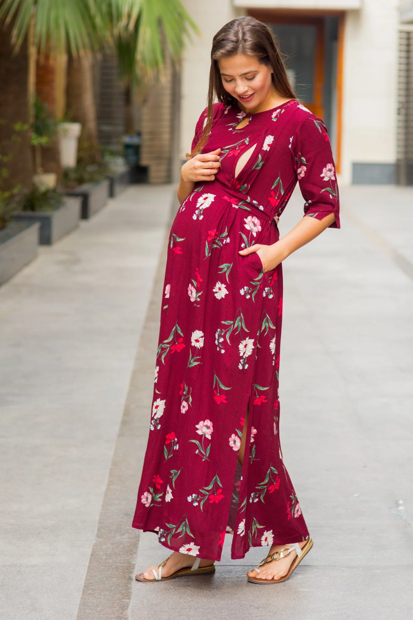 Burgundy Floral Side Slit Concealed Zips Feeding Dress - Chenance
