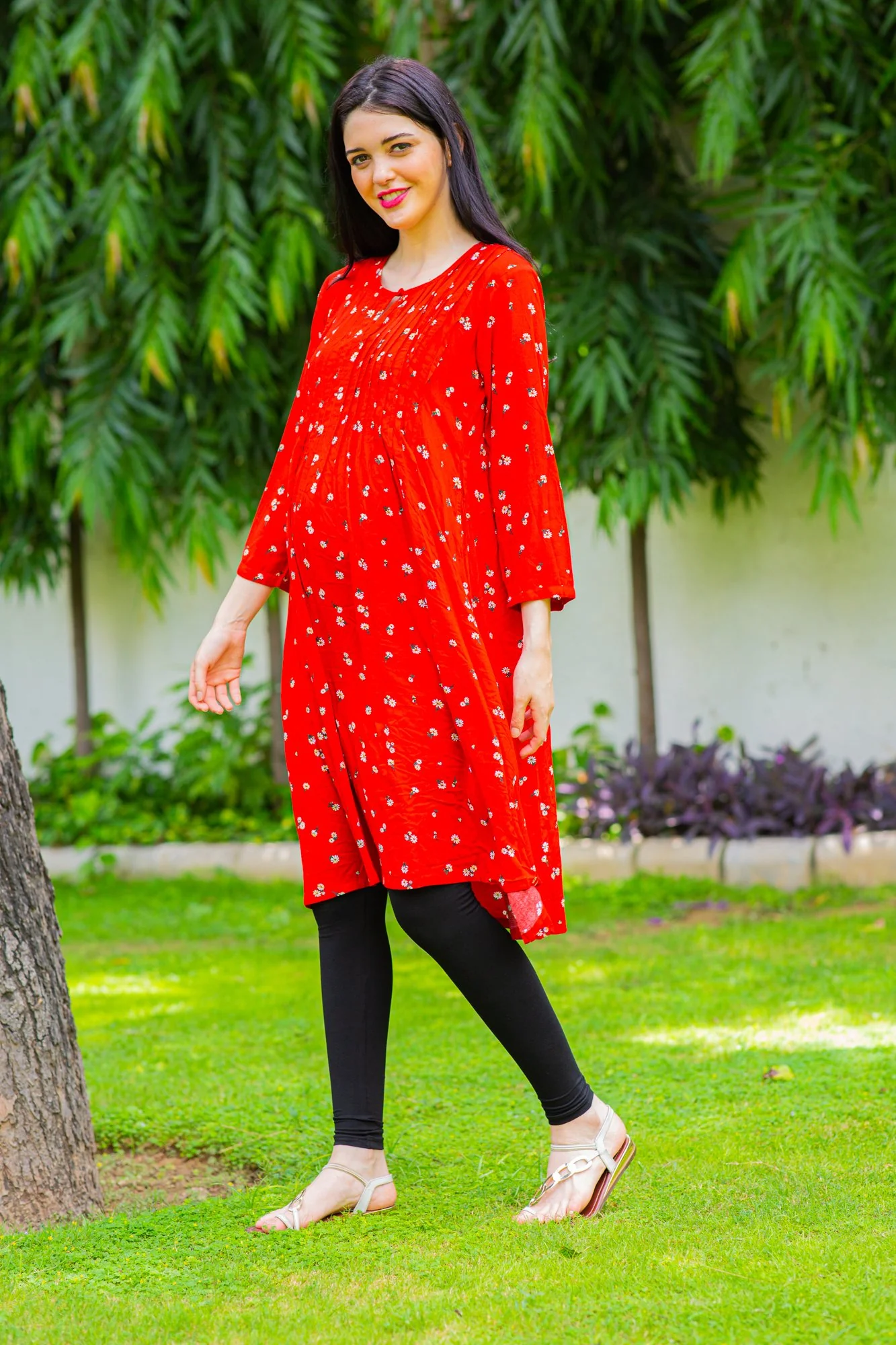 Crimson Red Maternity & Nursing Pintucks Dress - Chenance