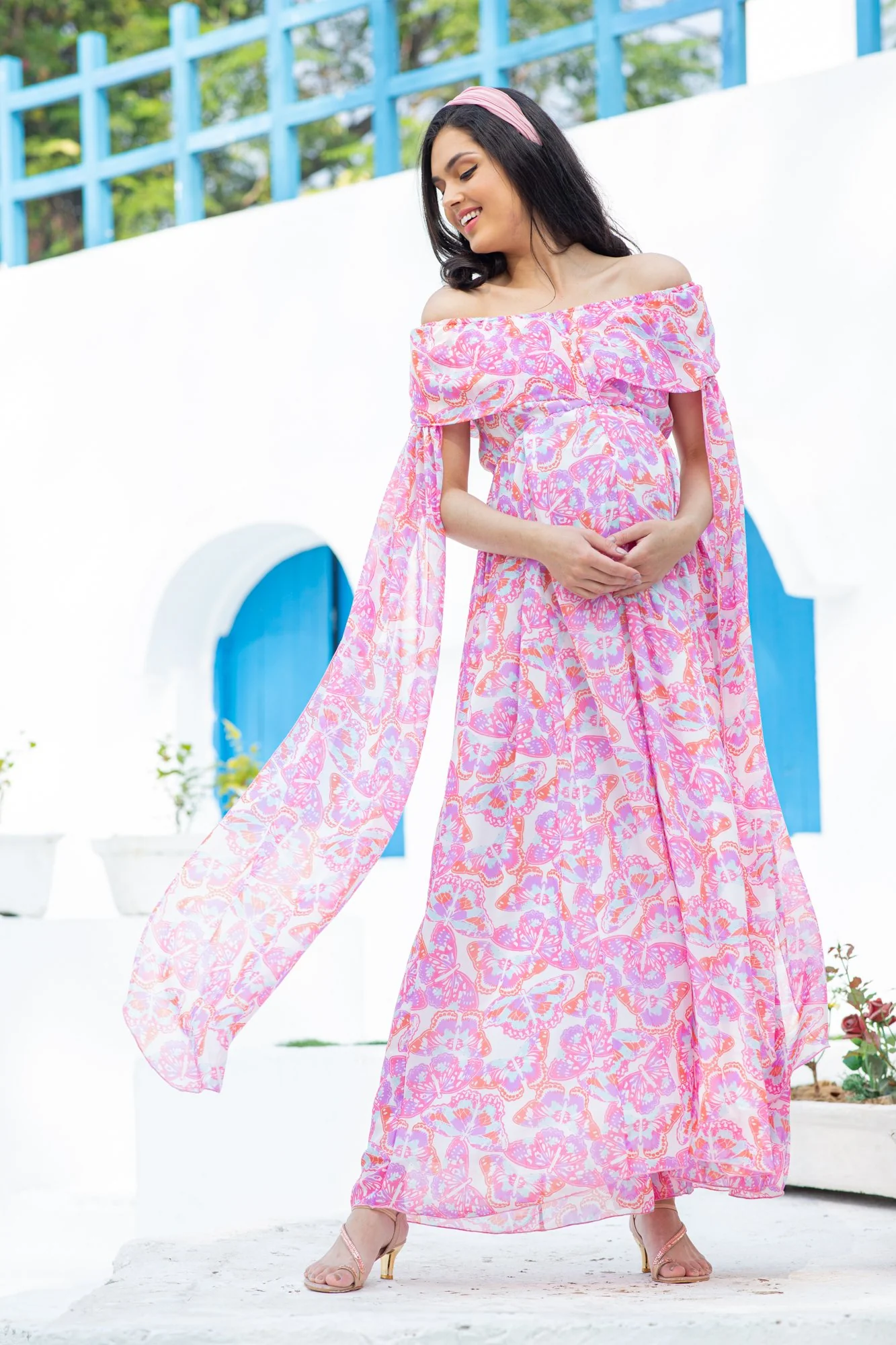 Pink Butterfly Flying Sleeves Maternity & Nursing Dress - Chenance