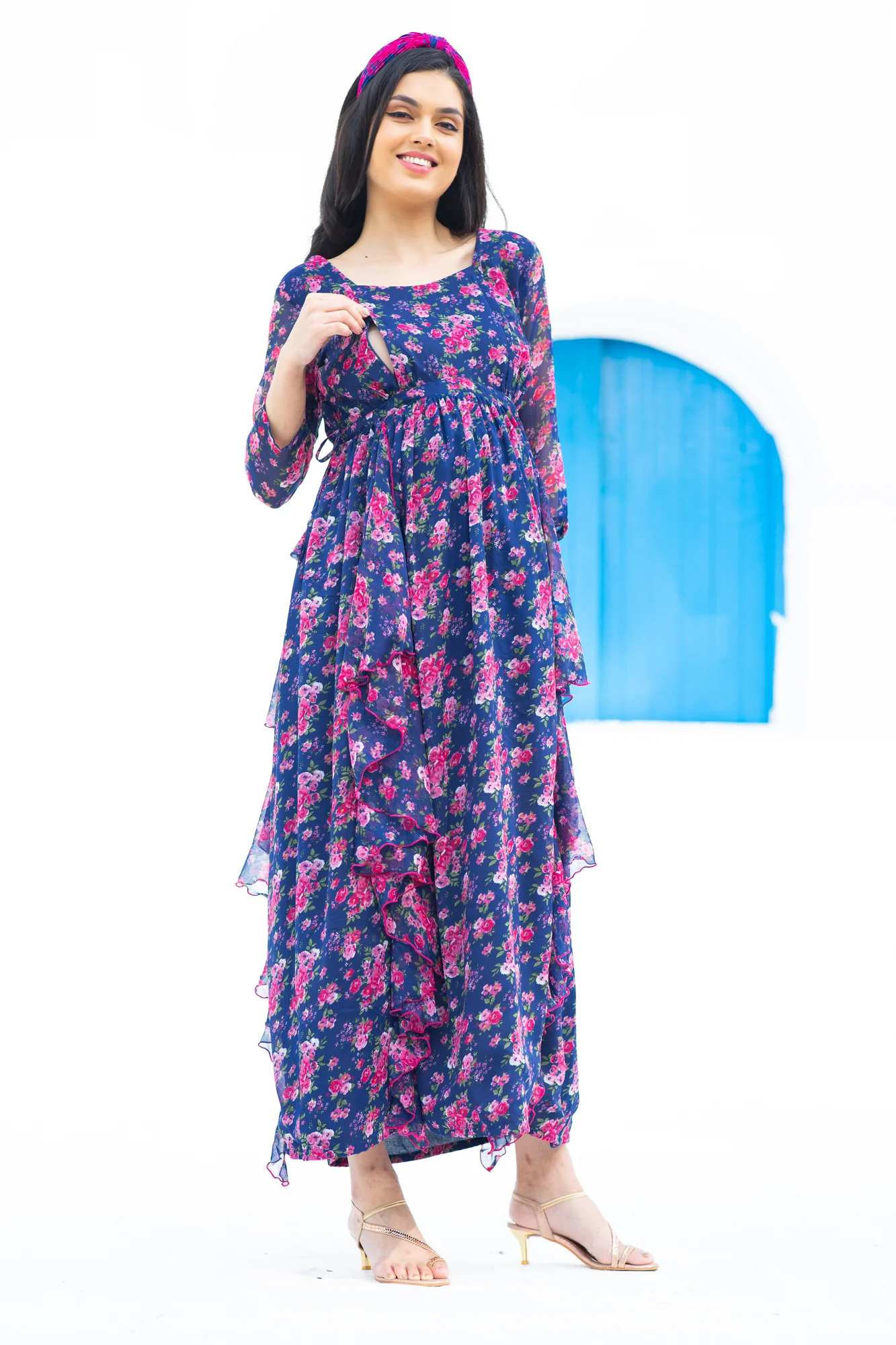 Midnight Bloom Maternity & Nursing Flow Dress - Chenance