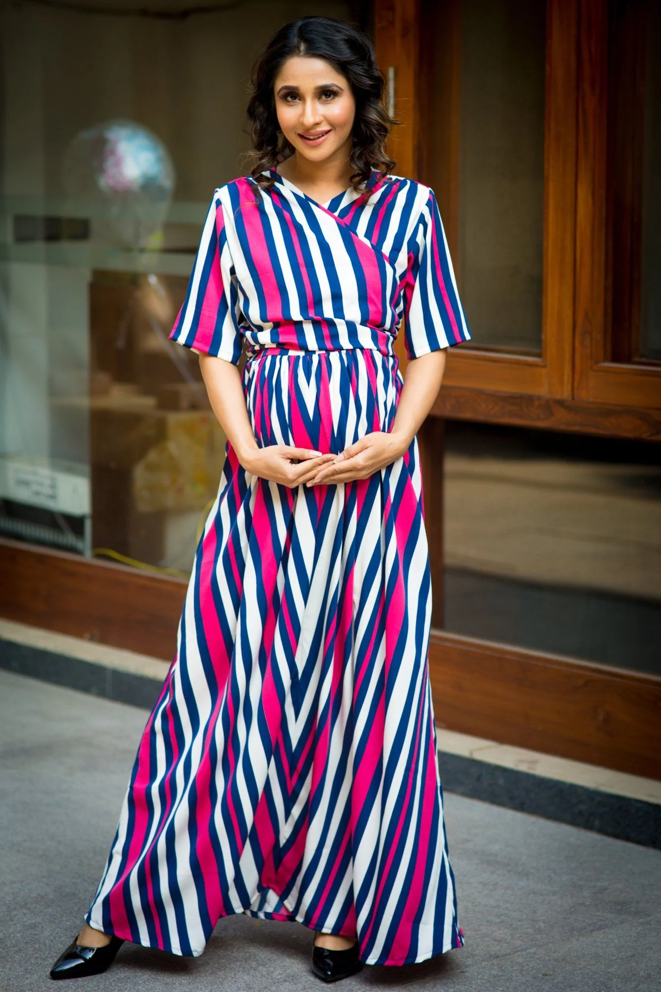 Royal Navy Magenta Striped Maternity & Nursing Wrap Dress - Chenance