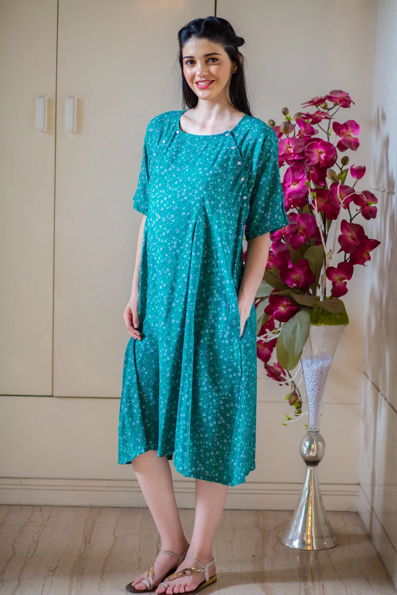 Set of 2 - Emerald Green Shoulder Snap Delivery Gown + Matching Baby Swaddle - Chenance