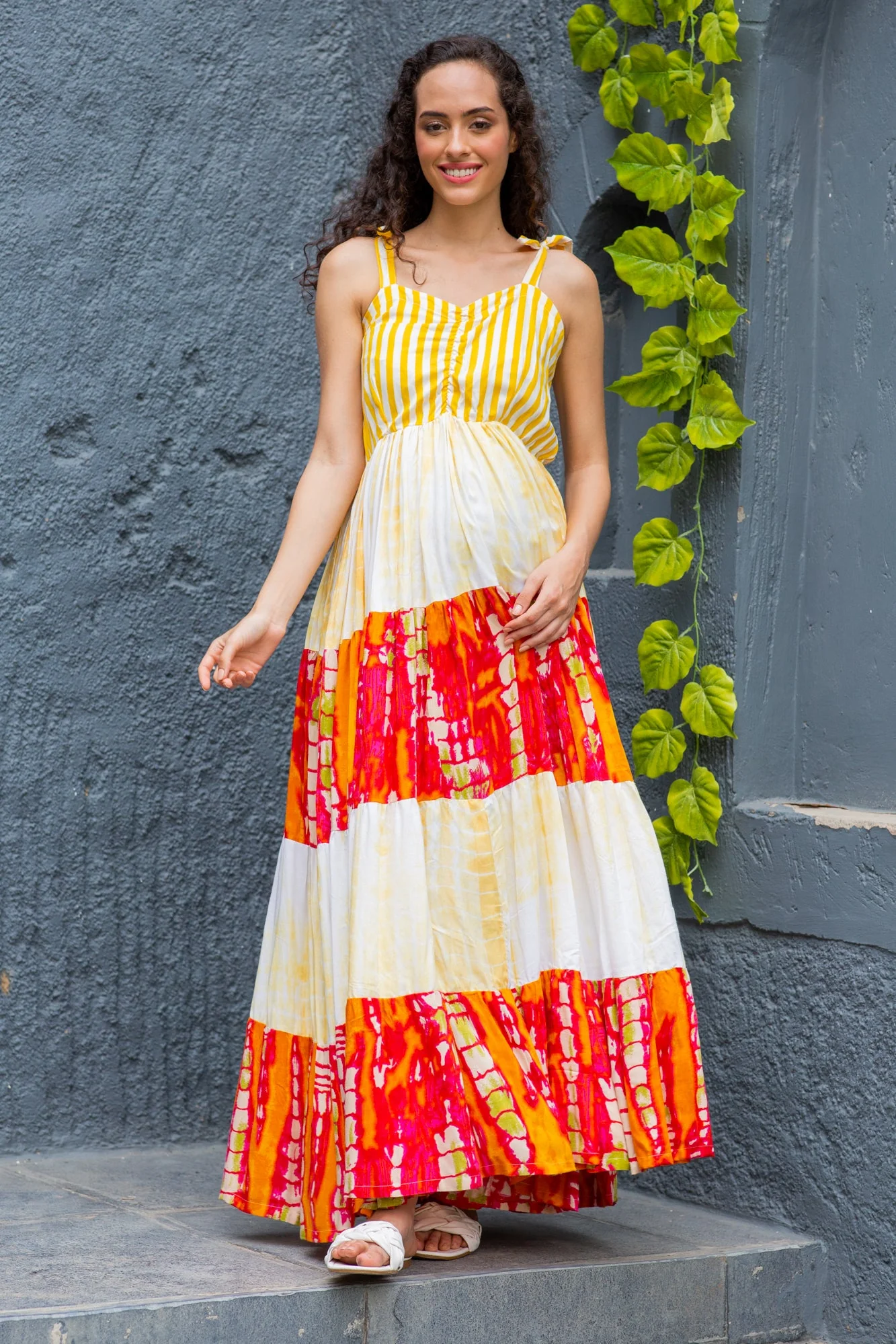 Serene Yellow Tie & Dye Flowy Maternity & Nursing Dress - Chenance