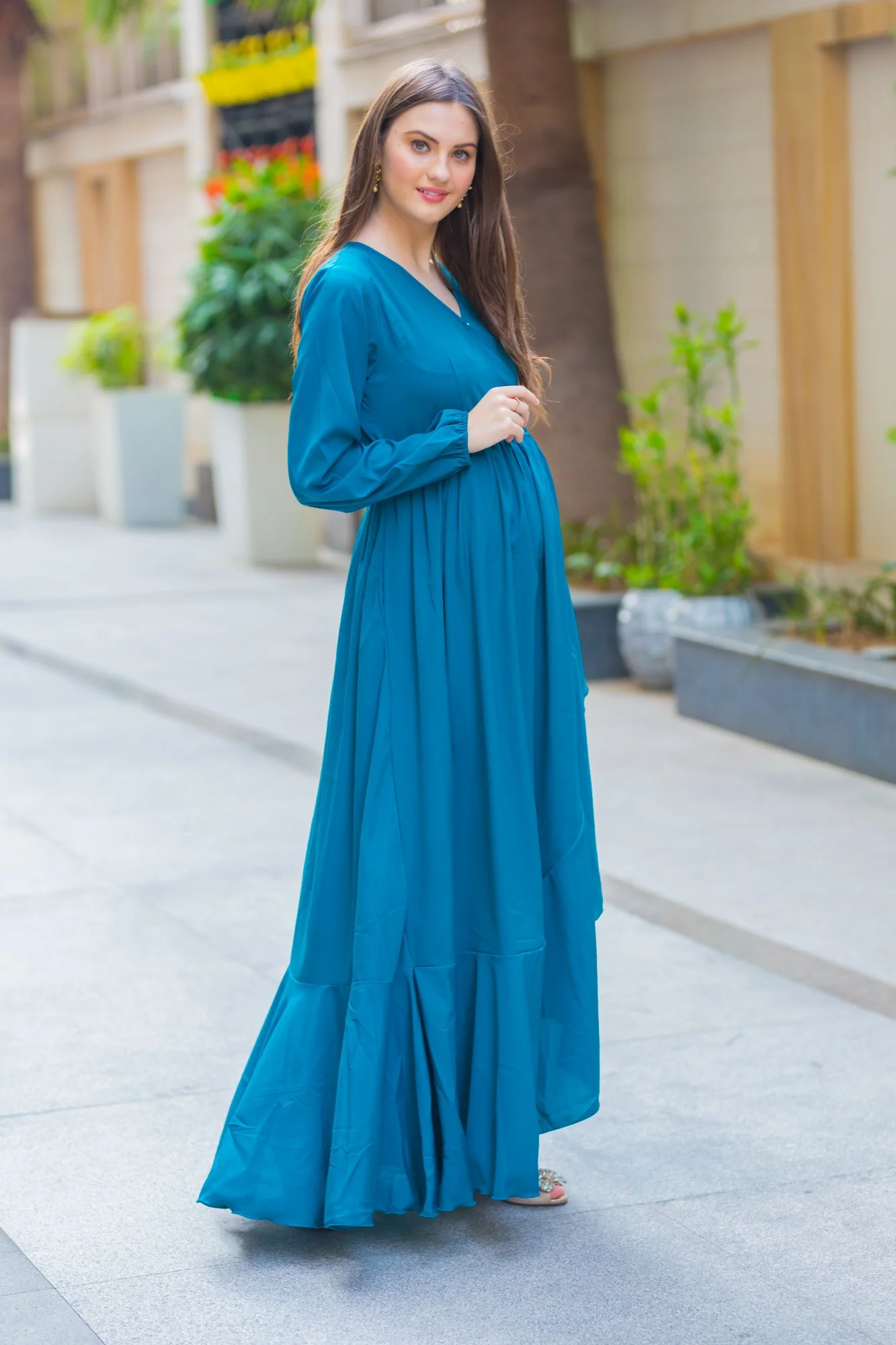 Ocean Blue Frill Maternity & Nursing Dress - Chenance