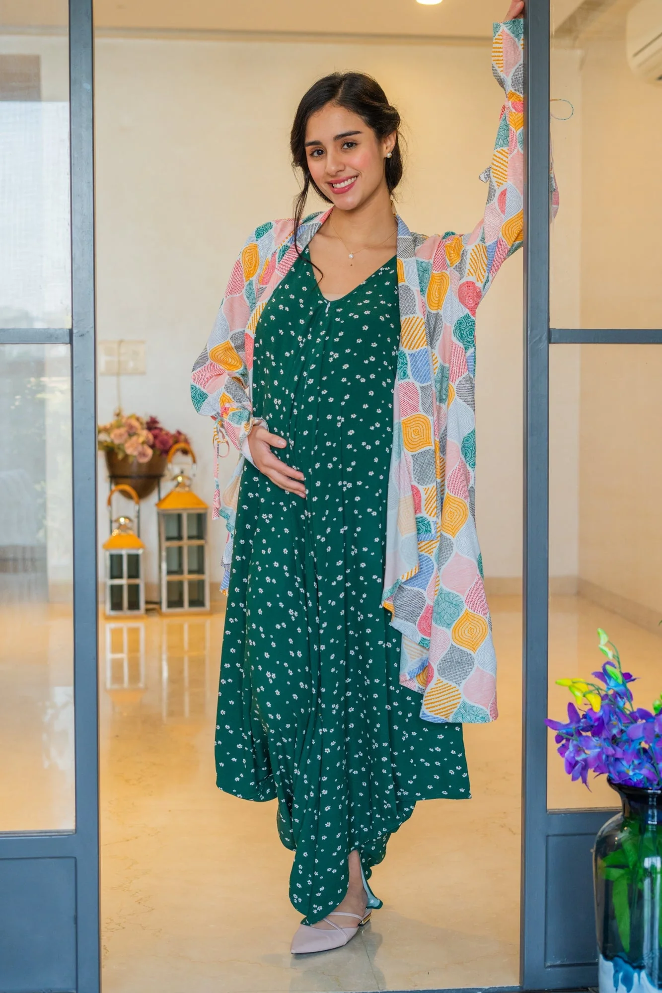 Peppy Forest Green Maternity & Nursing Jumpsuit + Cover Up - Chenance