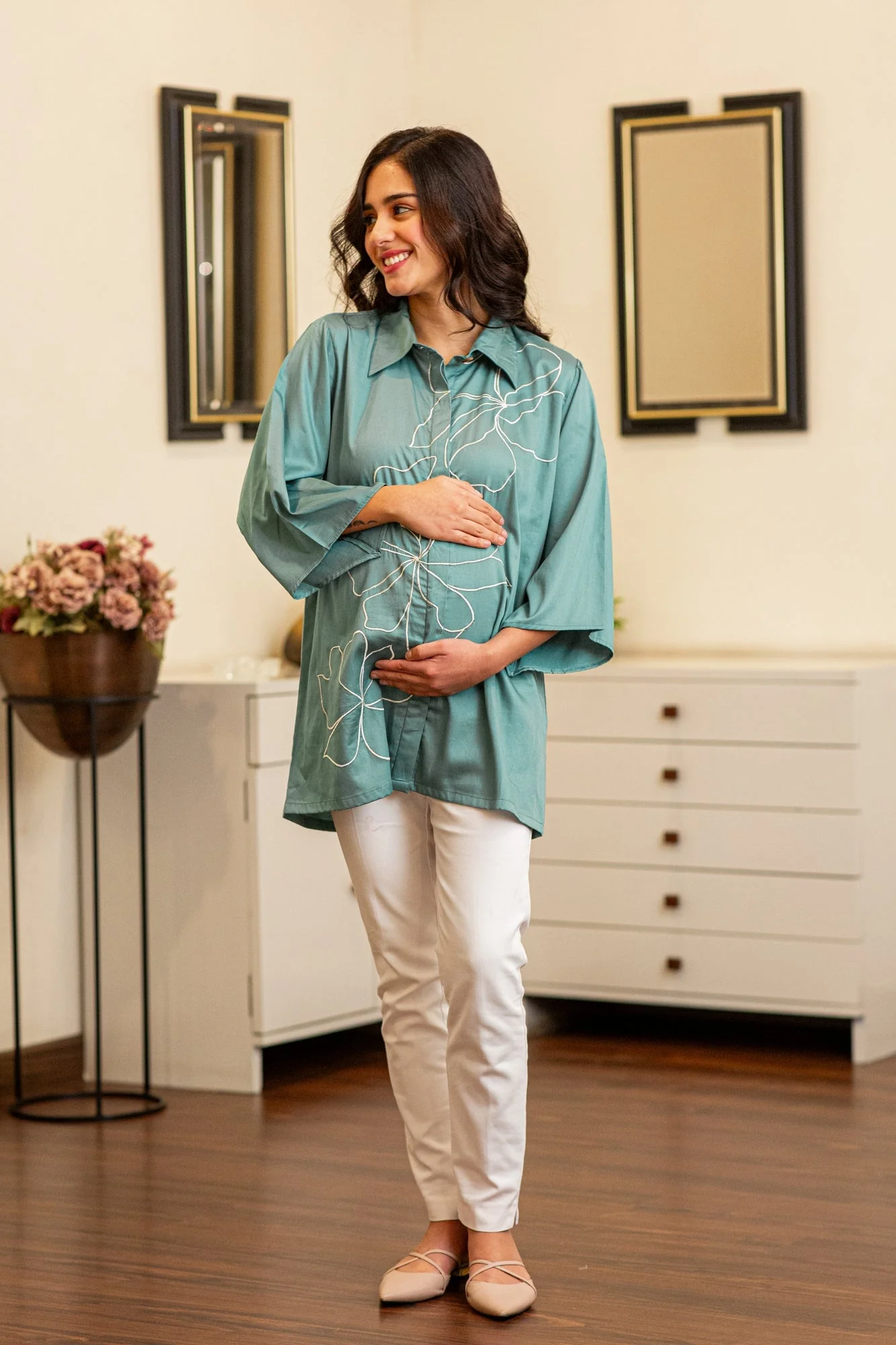 Premium Dusty Cyan Green Embroidered Maternity & Nursing Shirt - Chenance