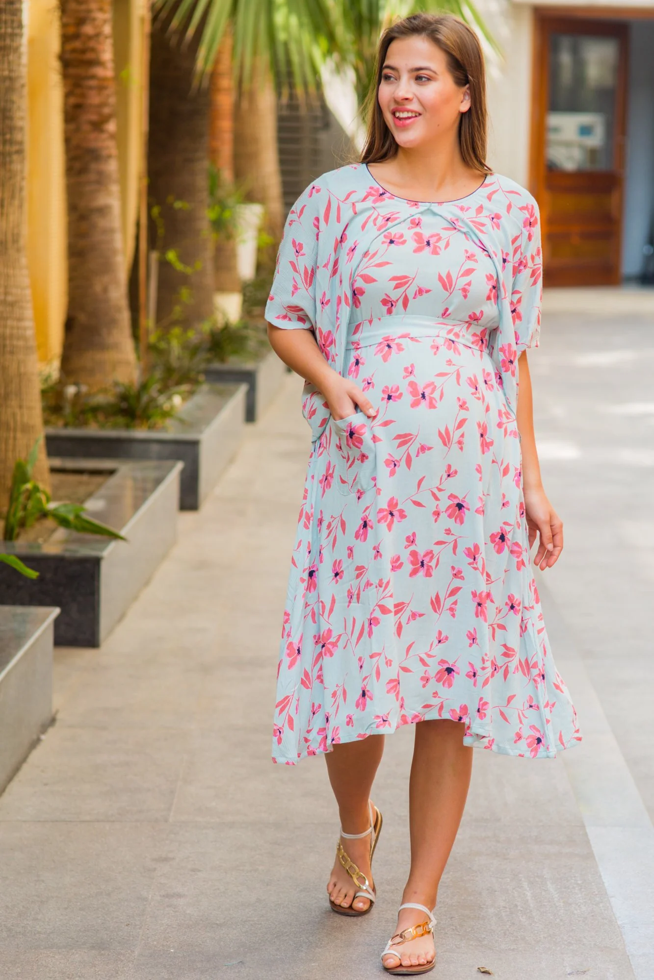 Ice Blue Floral Maternity & Nursing Flap Dress - Chenance