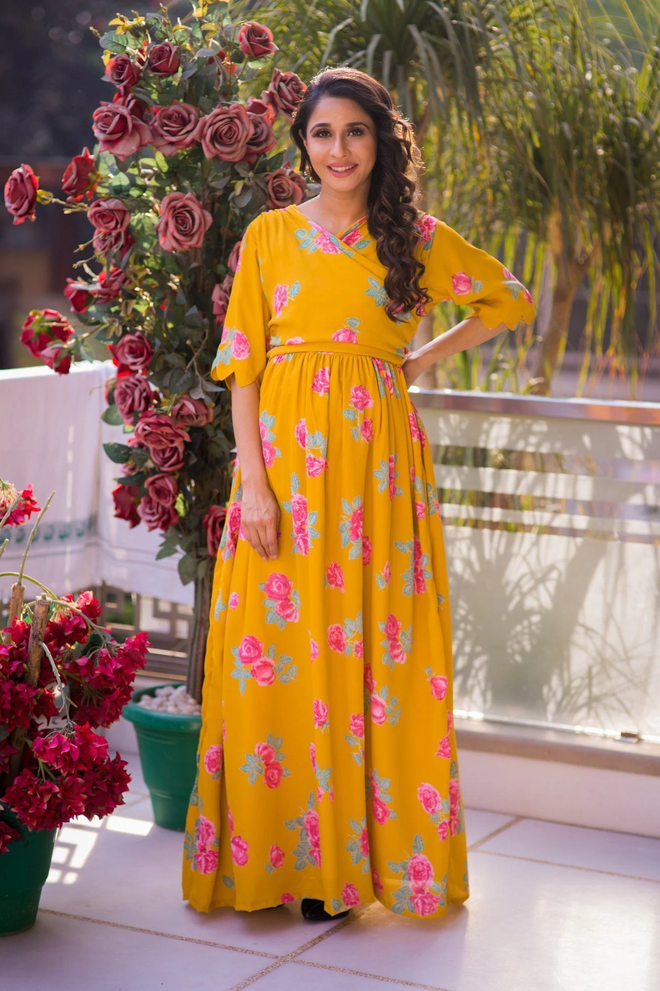 Fresh Blossom Mustard Maternity & Nursing Crepe Wrap Dress - Chenance