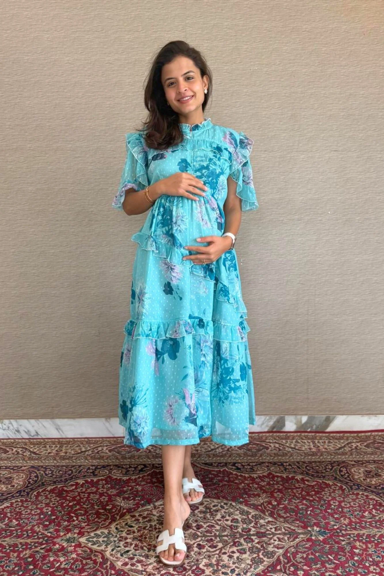 Sea Blue Blooming Maternity & Nursing Frill Dress - Chenance