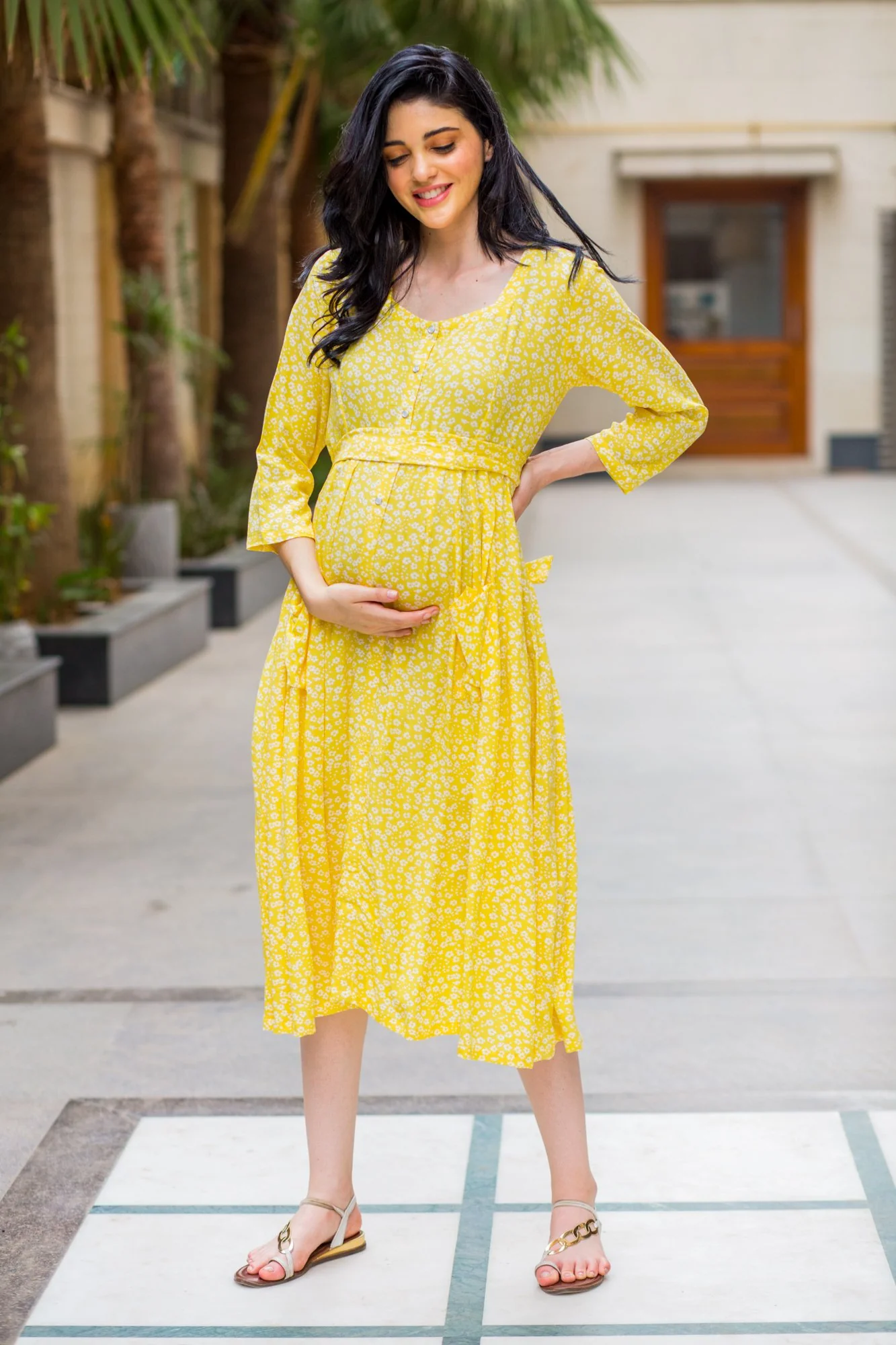 Joyful Yellow Pocket Maternity & Nursing Dress - Chenance