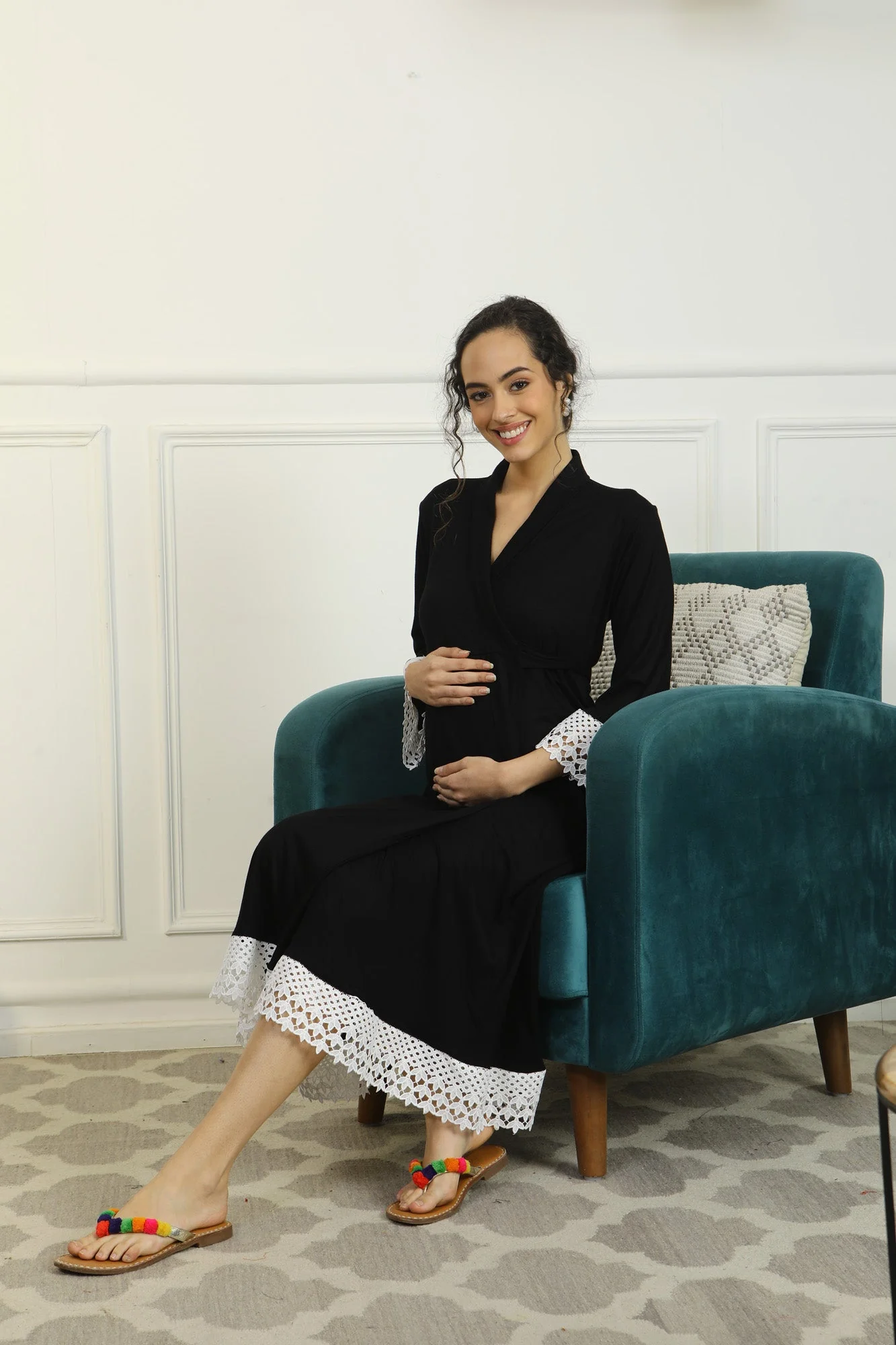 Royal Black Lycra Maternity & Nursing Wrap Nightwear Dress/ Hospital Gown/ Delivery Robes - Chenance