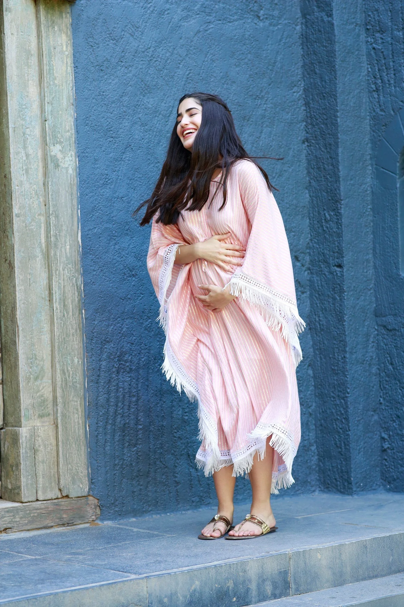 Luxe Coral Shimmer Striped Maternity & Nursing Kaftan - Chenance