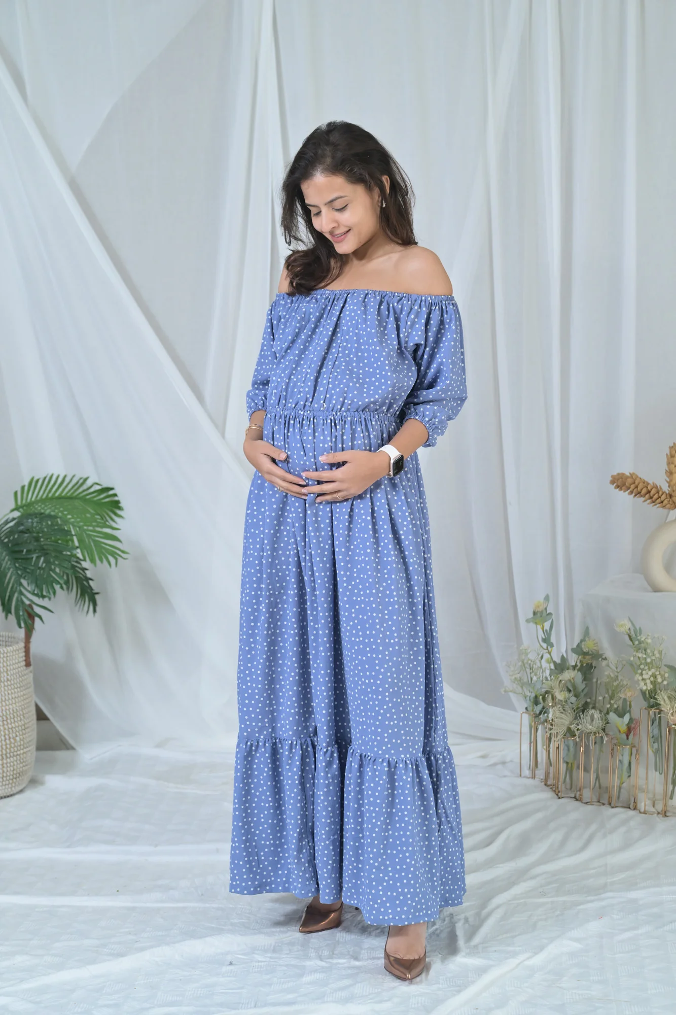 Sea Blue Polka Off-Shoulder Maternity & Nursing Maxi Dress - Chenance