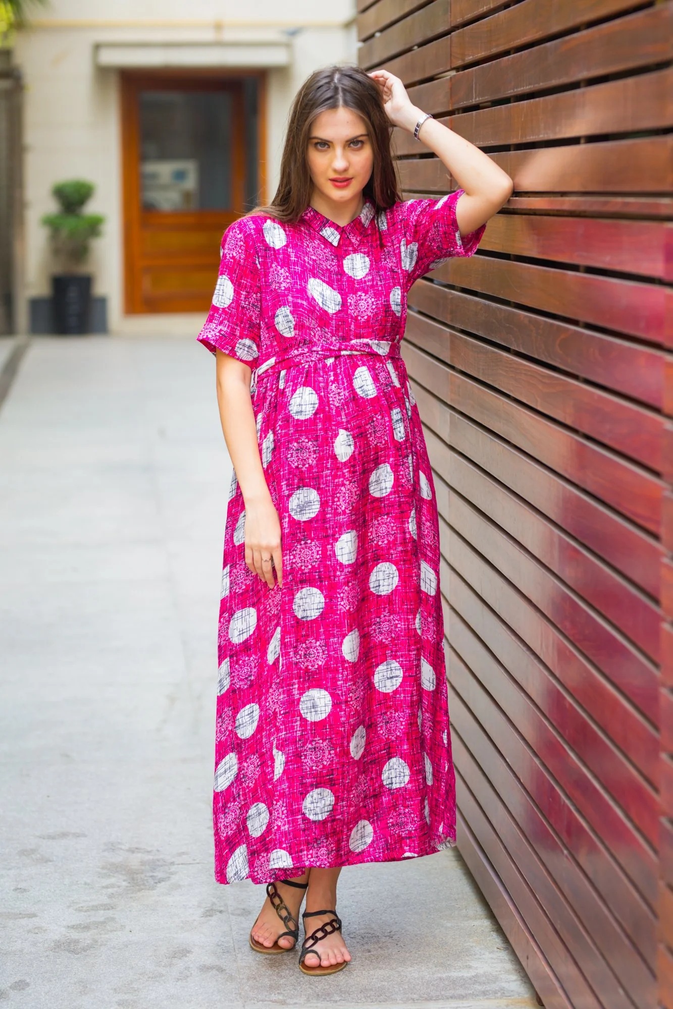 Magenta Polka Maternity & Nursing Kurta Dress - Chenance