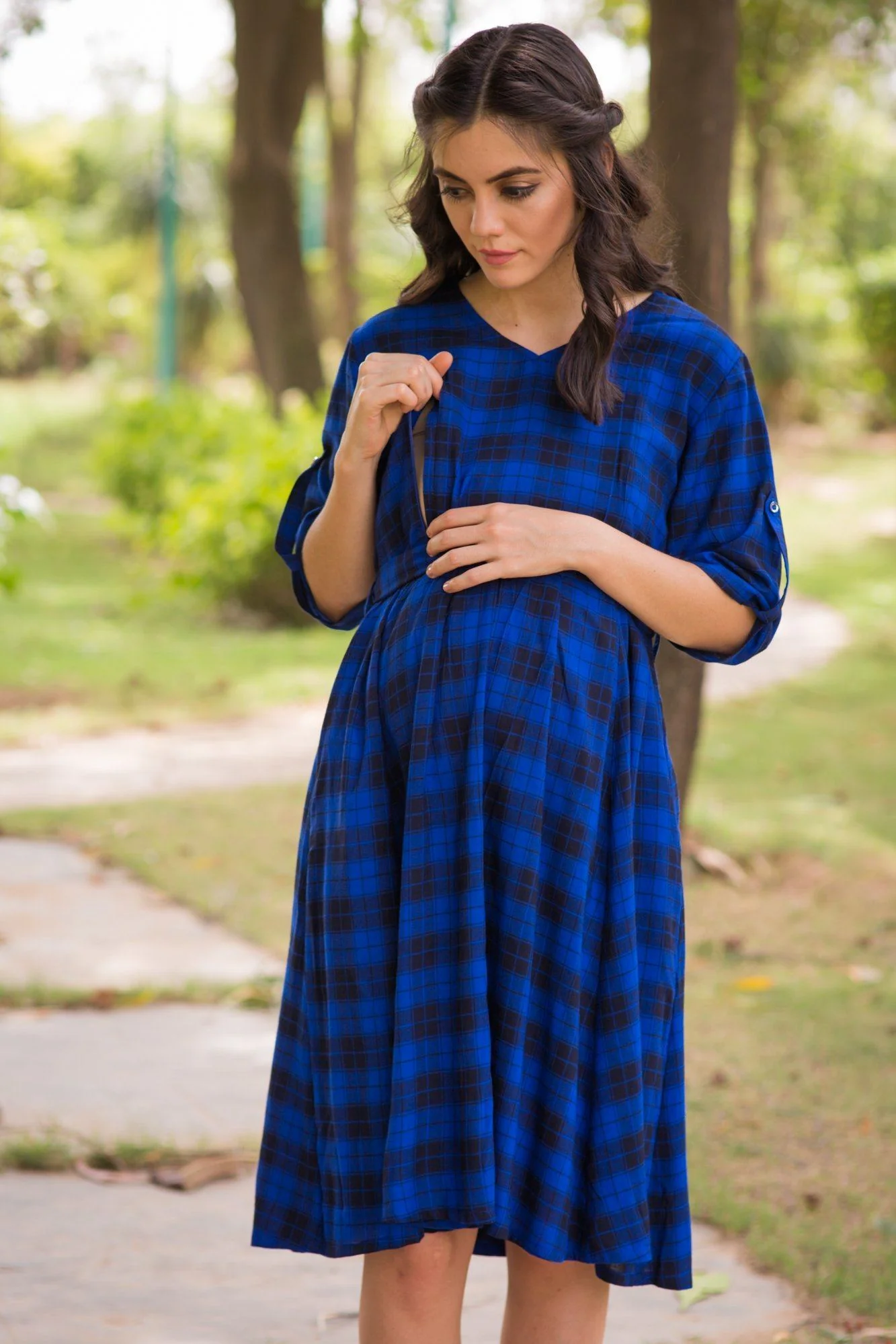 Persian Blue Plaid Maternity & Nursing Dress - Chenance