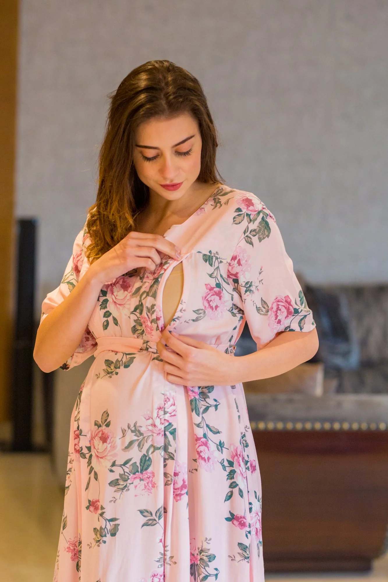 Rosy Pink Maternity & Nursing Night Dress - Chenance