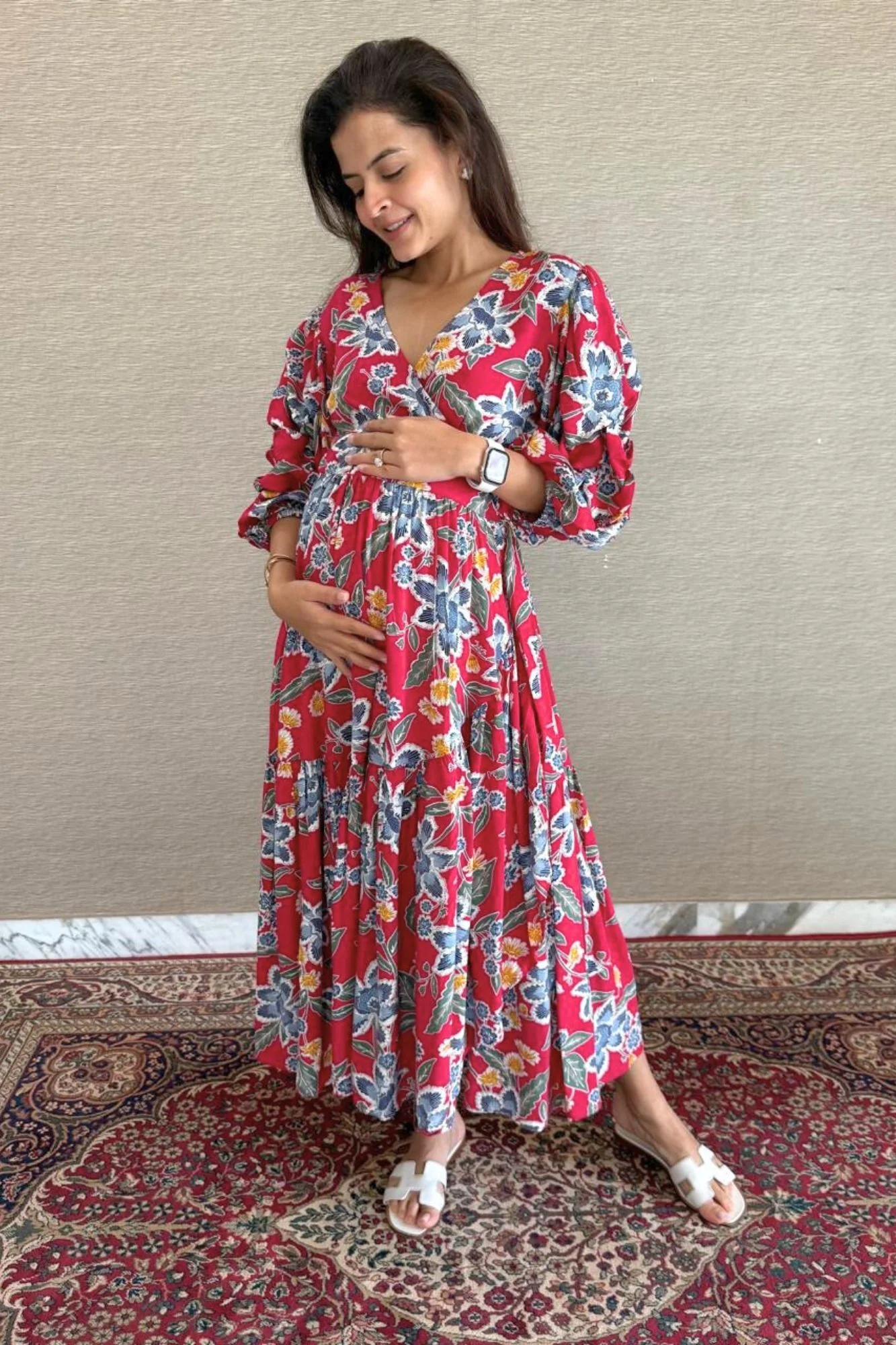 Pink Flower Pop Maternity & Nursing Frill Wrap Dress - Chenance