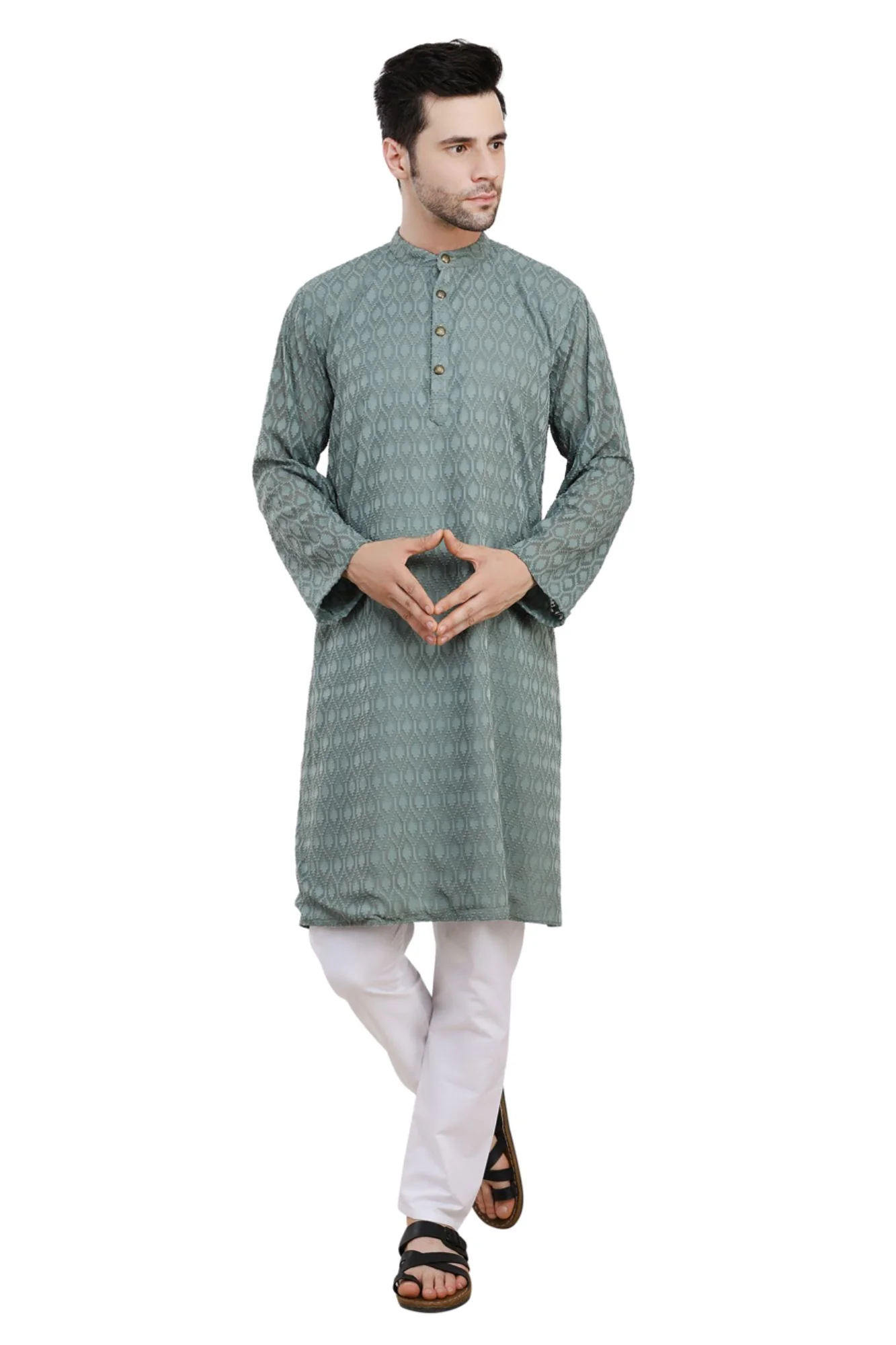 Men Classic Textured Grey Kurta - Chenance