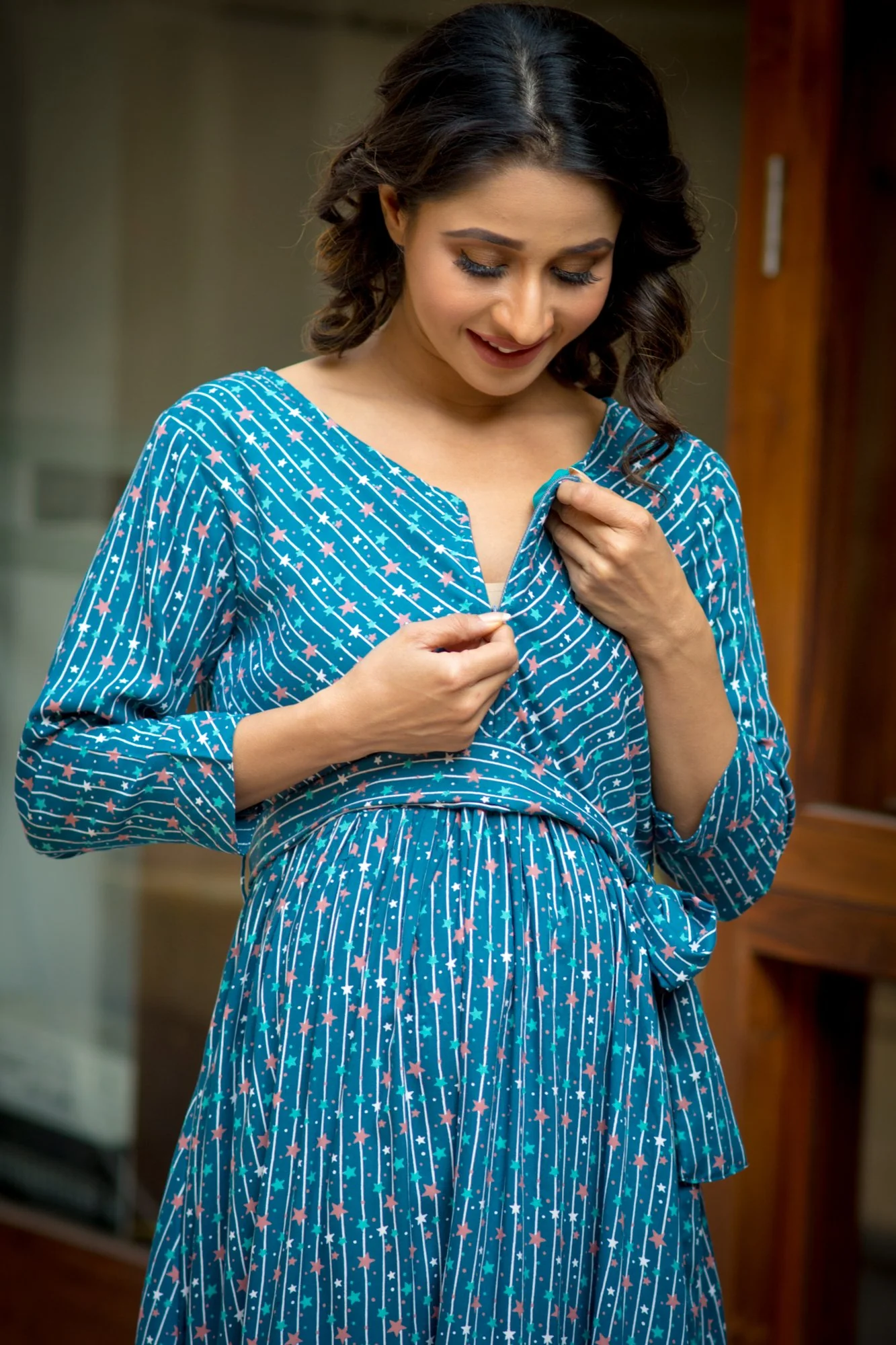 Starry Blue Striped Maternity & Nursing Front Zip Dress - Chenance