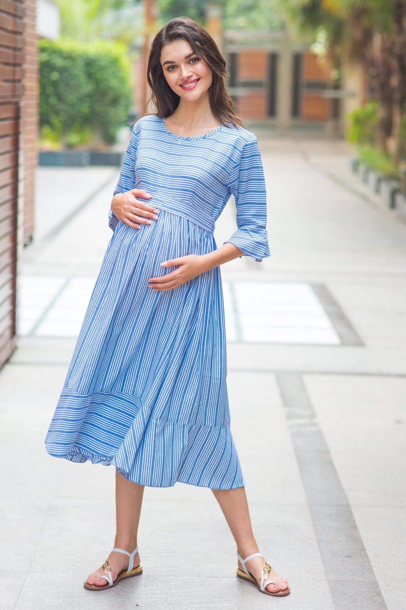 Blue Striped Ruffle Maternity & Nursing Dress - Chenance