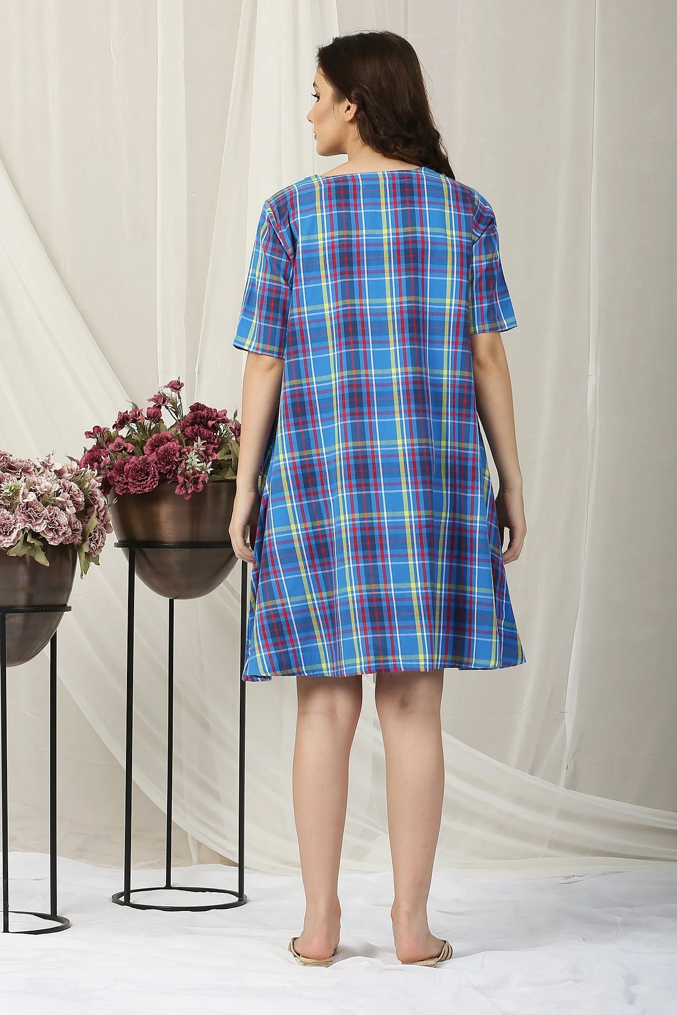 Homey Red Blue Snap Shoulder Maternity & Nursing Night Dress / Delivery Gown/ Lounge Dress - Chenance