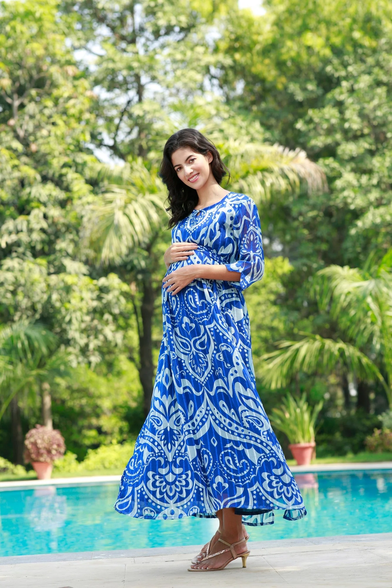 Azure Paisley Art Slit Concealed Zips Maternity & Nursing Dress - Chenance