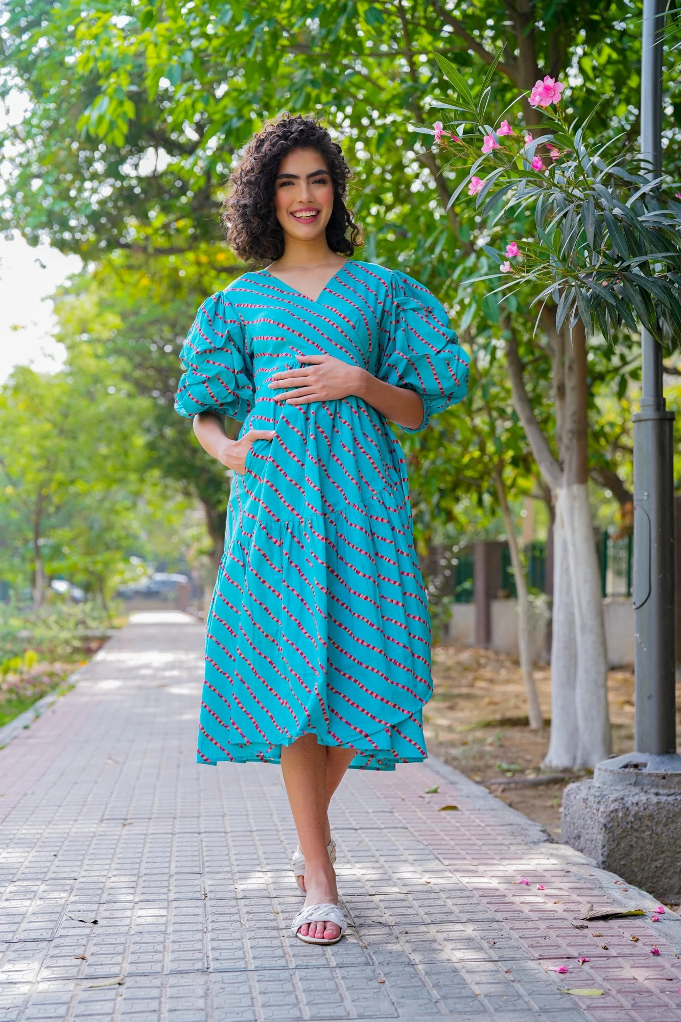 Charming Cerulean Blue Maternity & Nursing Frill Wrap Dress (100% Cotton) - Chenance